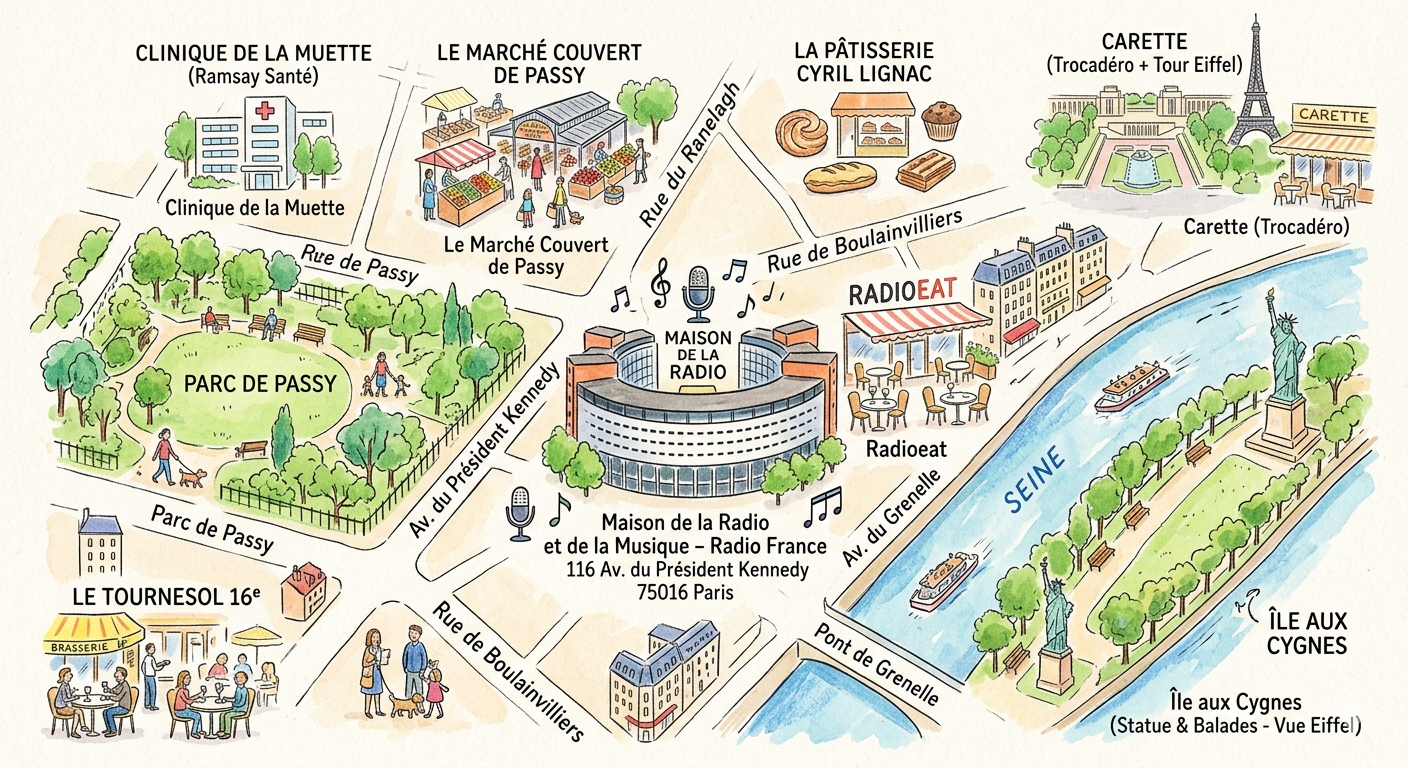 Carte imaginaire de Paris montrant la Seine, la Statue de la Liberté, l'Île aux Cygnes avec la Tour Eiffel, le Parc de Passy, la Maison de la Radio, le Marché Couvert de Passy, la Clinique de la Muette, et divers restaurants et marchés