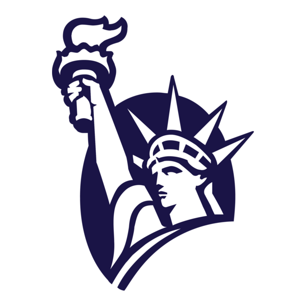 Lyberty mutual insurance logo, Stylized illustration of the Statue of Liberty's head and torch in navy blue on a white background.