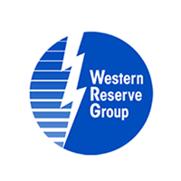 Logo of Western Reserve Group, featuring a blue circle with a stylized lightning bolt and a mountain landscape inside, along with the text 'Western Reserve Group'.