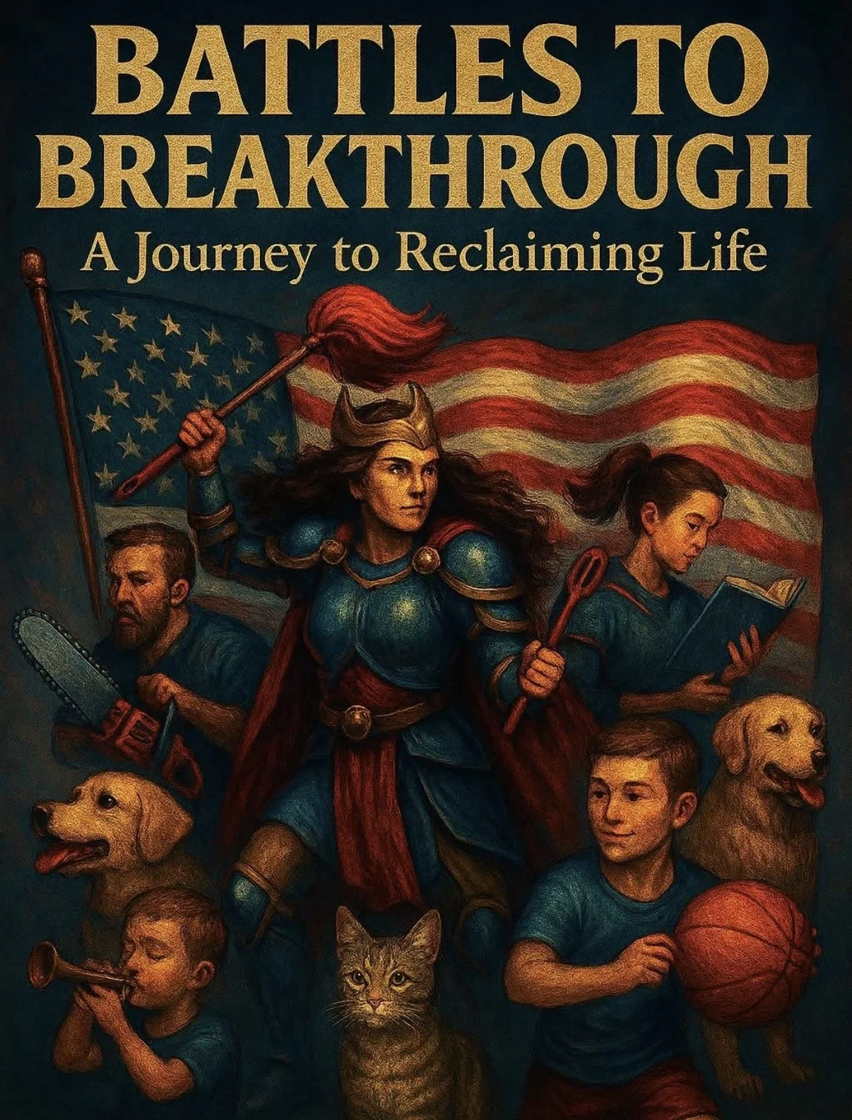 Book cover titled 'Battles to Breakthrough: A Journey to Reclaiming Life' featuring an illustration of a woman in armor holding an American flag and a baton, surrounded by children, dogs, a cat, and a boy with a basketball.