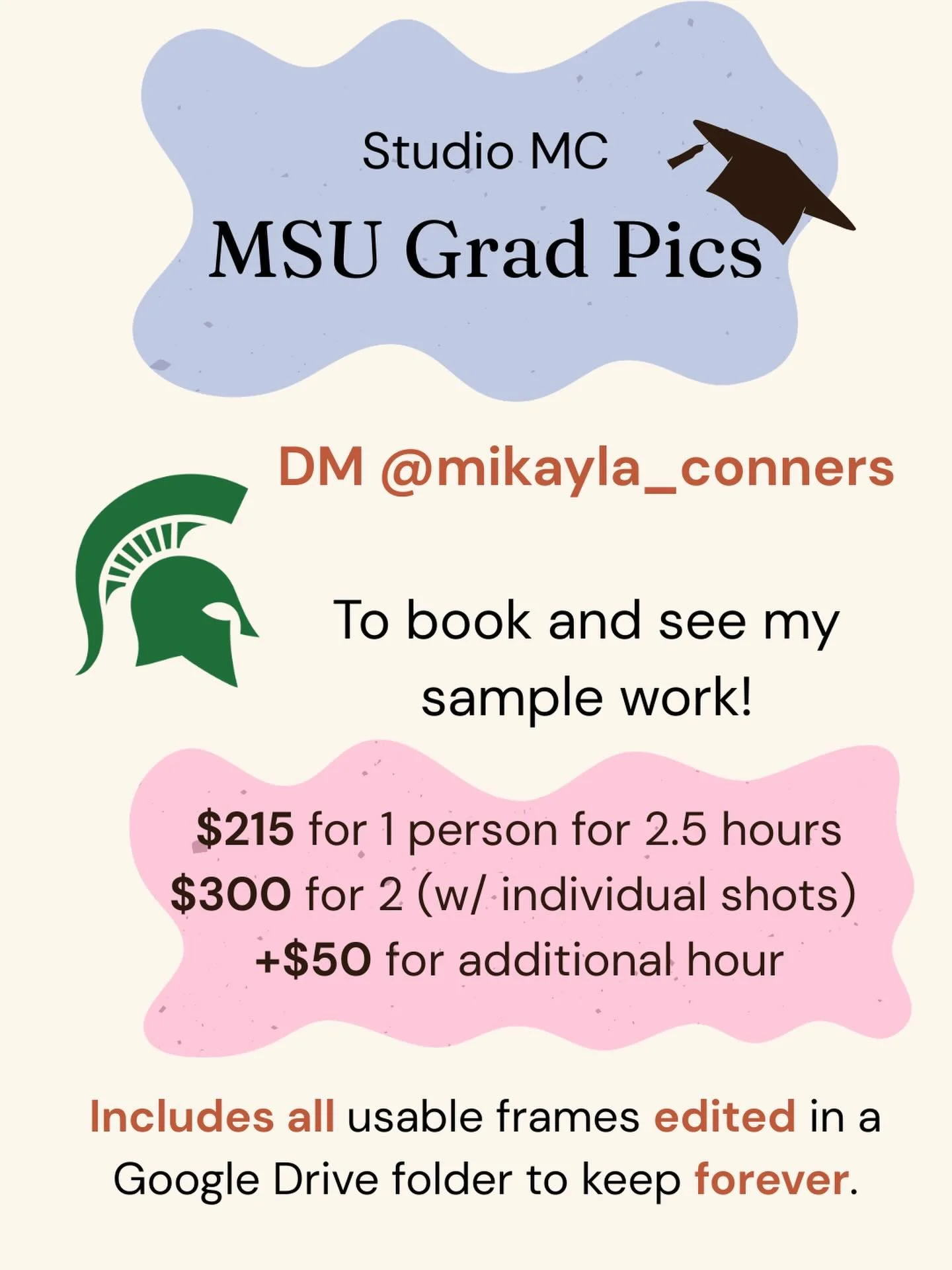 It&rsquo;s that time of year! If you are looking for quality affordable graduation pictures with deals you can&rsquo;t beat, dm @mikayla_conners (my other account) to book today!