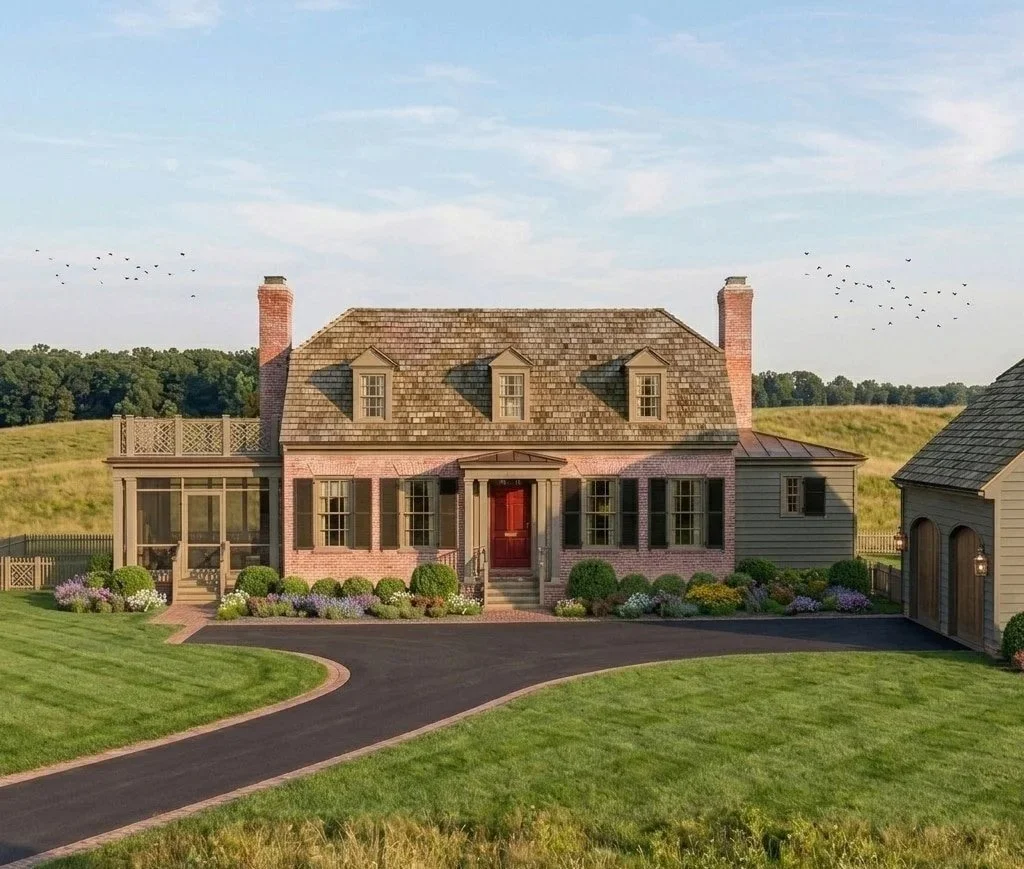 Brick colonial farmhouse with lush landscaping