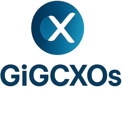 The image features a logo with a blue circular icon containing a stylized check mark with an 'X' shape inside it. Below the icon, there is text that reads 'GiG C X O s' in blue, with some characters having a slight reflection or shadow effect.