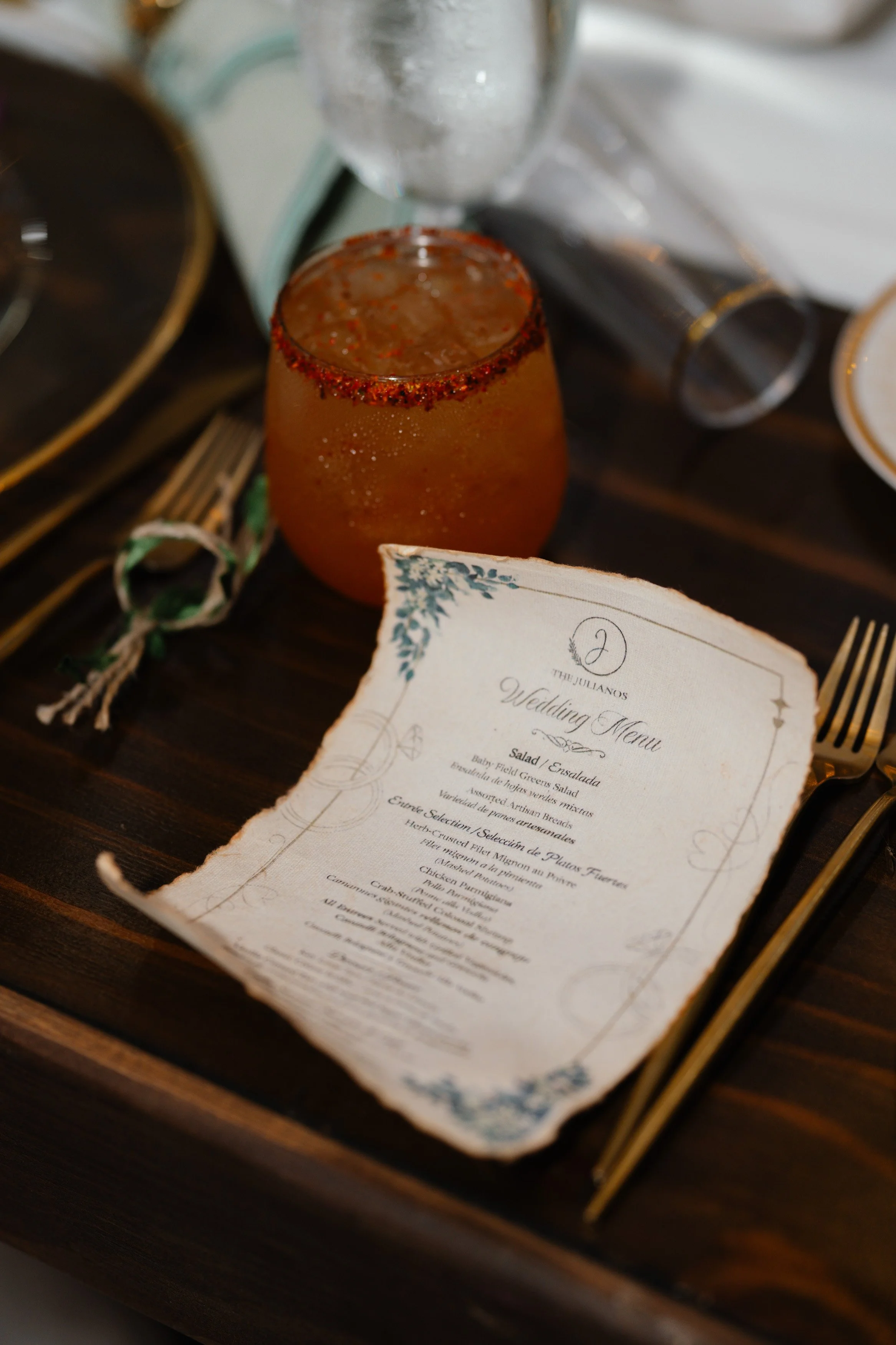 Wedding invitation and cocktail detail styled with elegant stationery for South Florida wedding