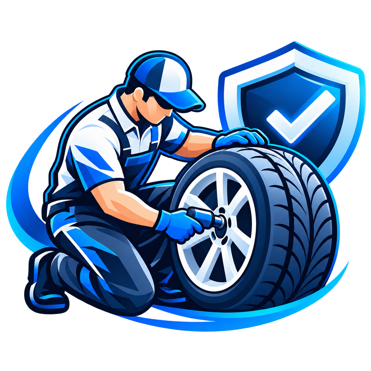 A mechanic wearing a cap and gloves is fixing a car tire with a wrench. A shield with a checkmark is in the background, symbolizing automotive safety.