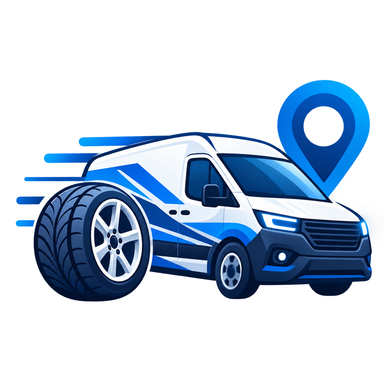 Digital illustration of a delivery van with a large tire attached to it and a location pin icon.