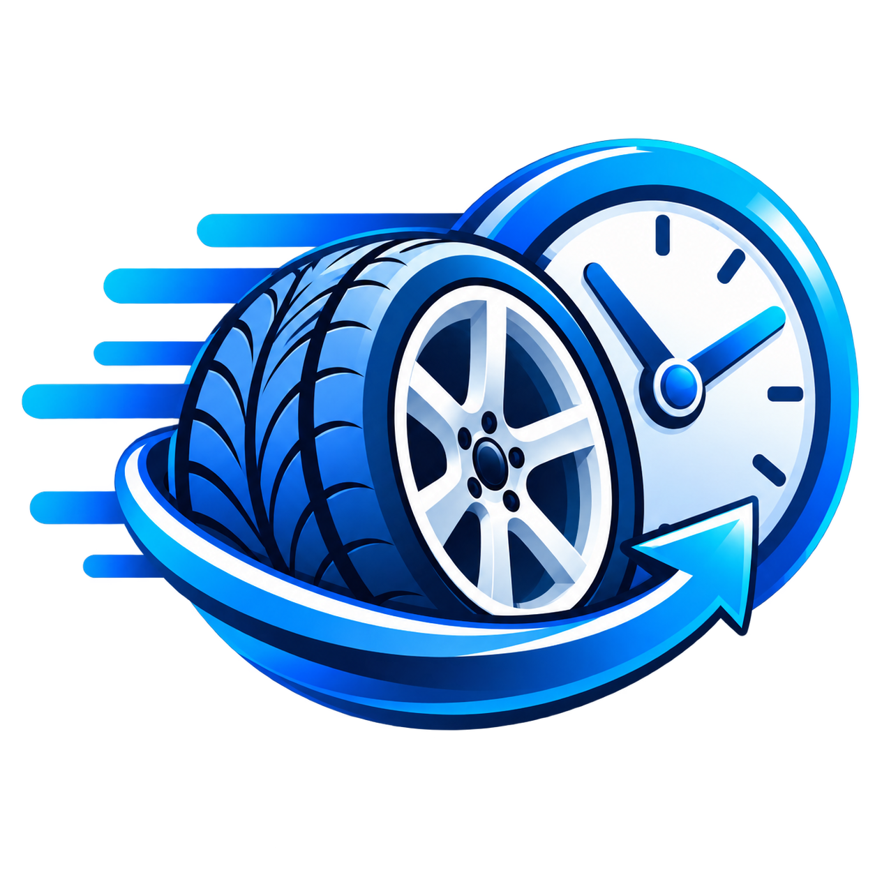 Tire and wheel with a clock in the background, symbolizing fast tire service or replacement.