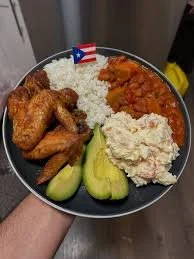 Beans over hot rice, juicy Chicken and chilled Potato Salad