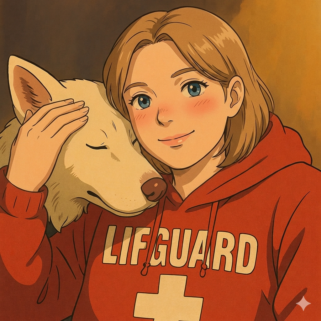 A woman with short light brown hair and blue eyes smiling while petting a beige dog with closed eyes, both wearing a red hoodie with a white cross and the word "LIFEGUARD" on it.