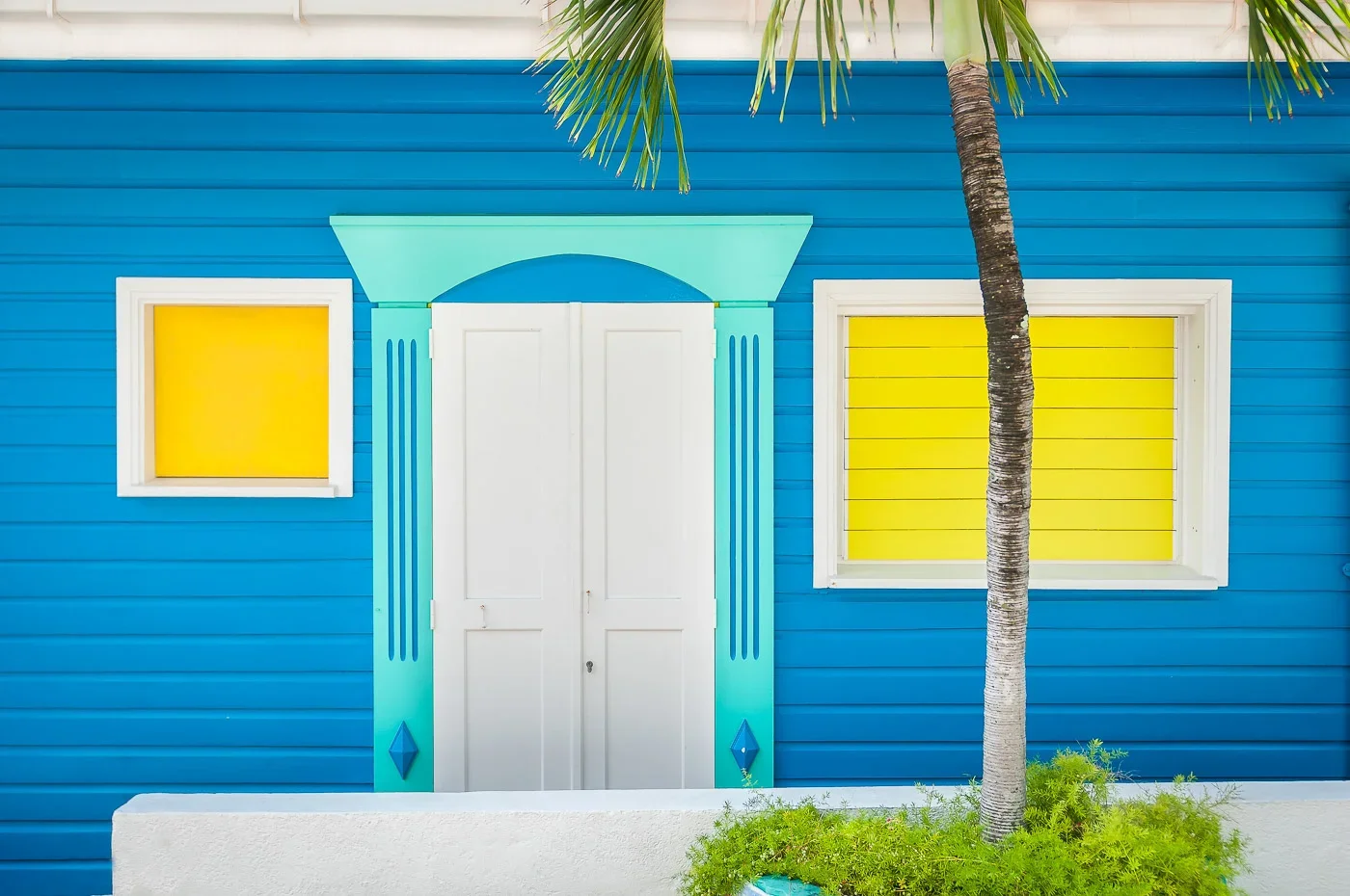 Façade d'une maison en bois bleue avec fenêtres jaunes, une porte blanche, un palmier et des plantes vertes.