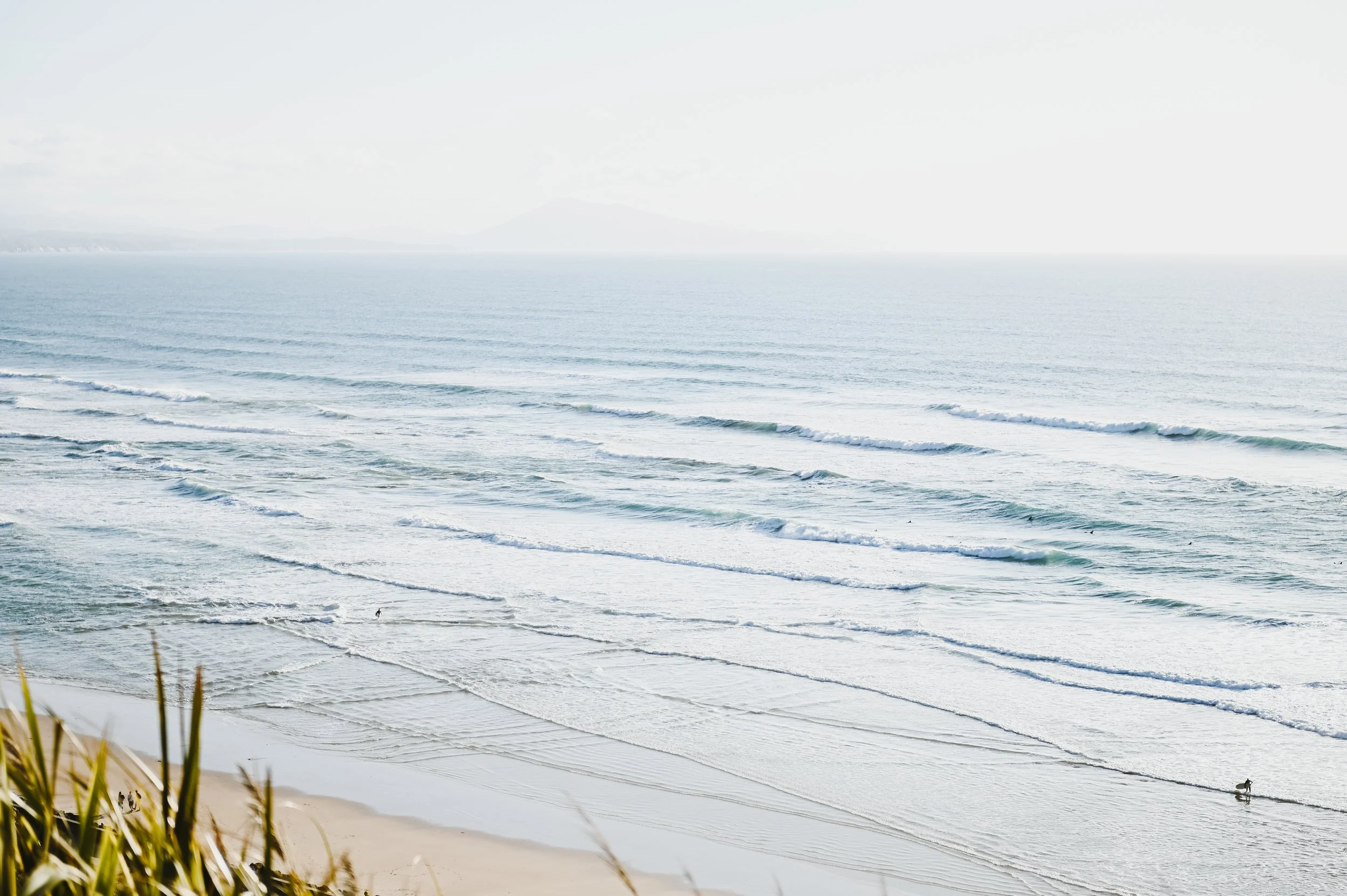 Plage paisible avec vagues douces, sable et quelques herbes en premier plan, un petit oiseau sur le sable, l'horizon avec la mer et un fond flou de montagnes ou d'îles.