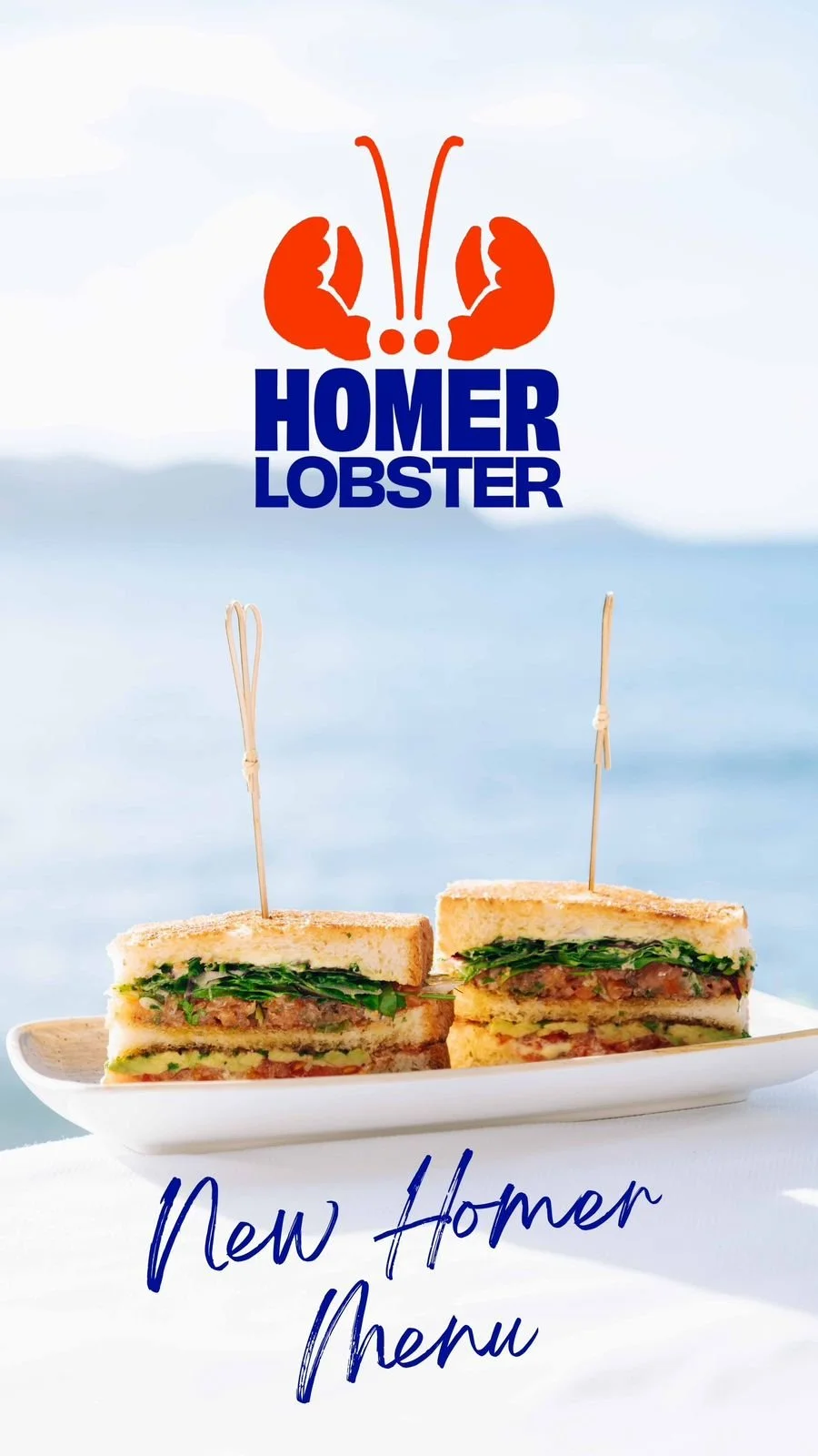 A sandwich with lettuce, bacon, and other ingredients on a plate, with text overlay reading 'New Homer Menu' and a logo of a lobster and the text 'Homer Lobster' against a blue sky background.