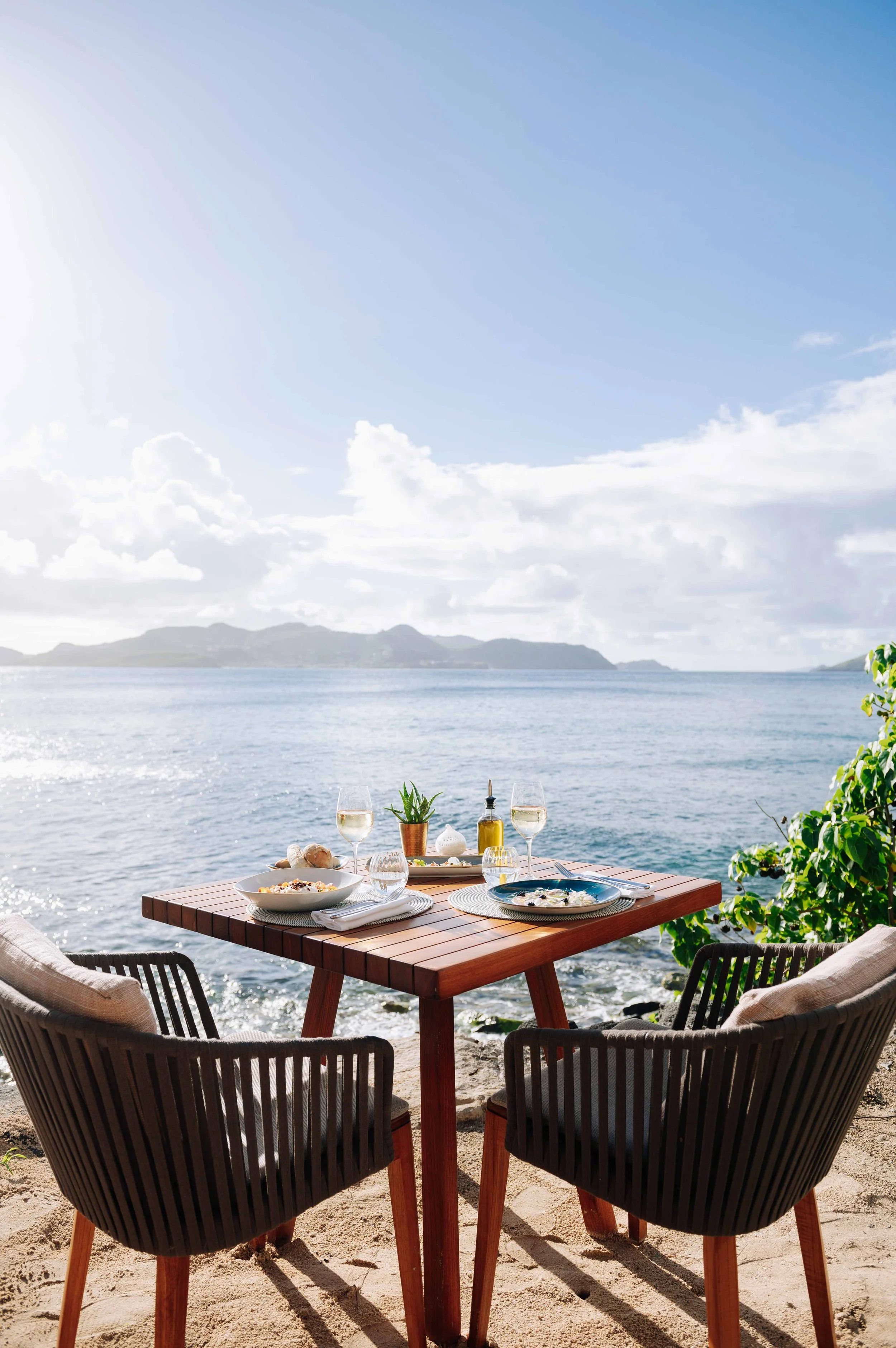 Table de repas en plein air au bord de l'eau, avec vue sur la mer et montagnes en arrière-plan, comprenant des assiettes, des verres de vin blanc, une plante en pot, et des condiments.