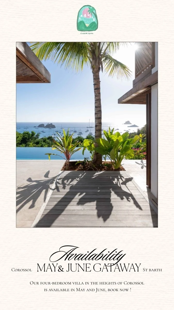 View of a tropical villa patio overlooking the ocean with sailboats, a swimming pool, and lush green plants, including a tall palm tree.