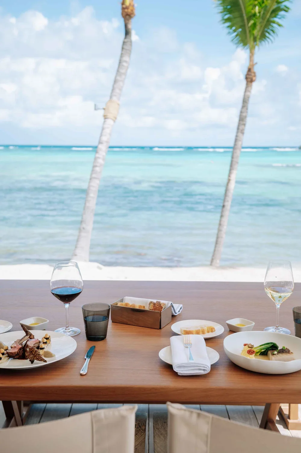Repas de fruits de mer avec vue sur la plage, comprenant vin rouge, vin blanc, pain, plats avec poisson et légumes, et verre d'eau à la plage tropicale avec palmiers et mer bleue