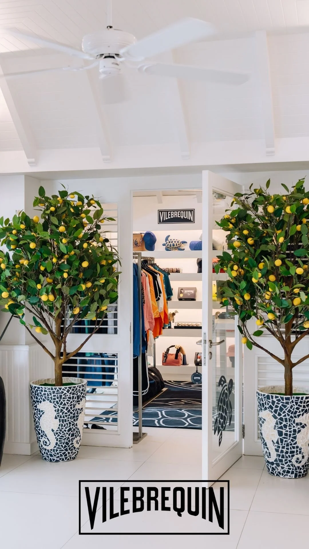 Une boutique de vêtements avec deux grands pots de fleurs en mosaïque contenant des arbres fruitiers, un panneau 'VILEBREQUIN' au-dessus de l'entrée, des vêtements colorés et des sacs à l'intérieur.