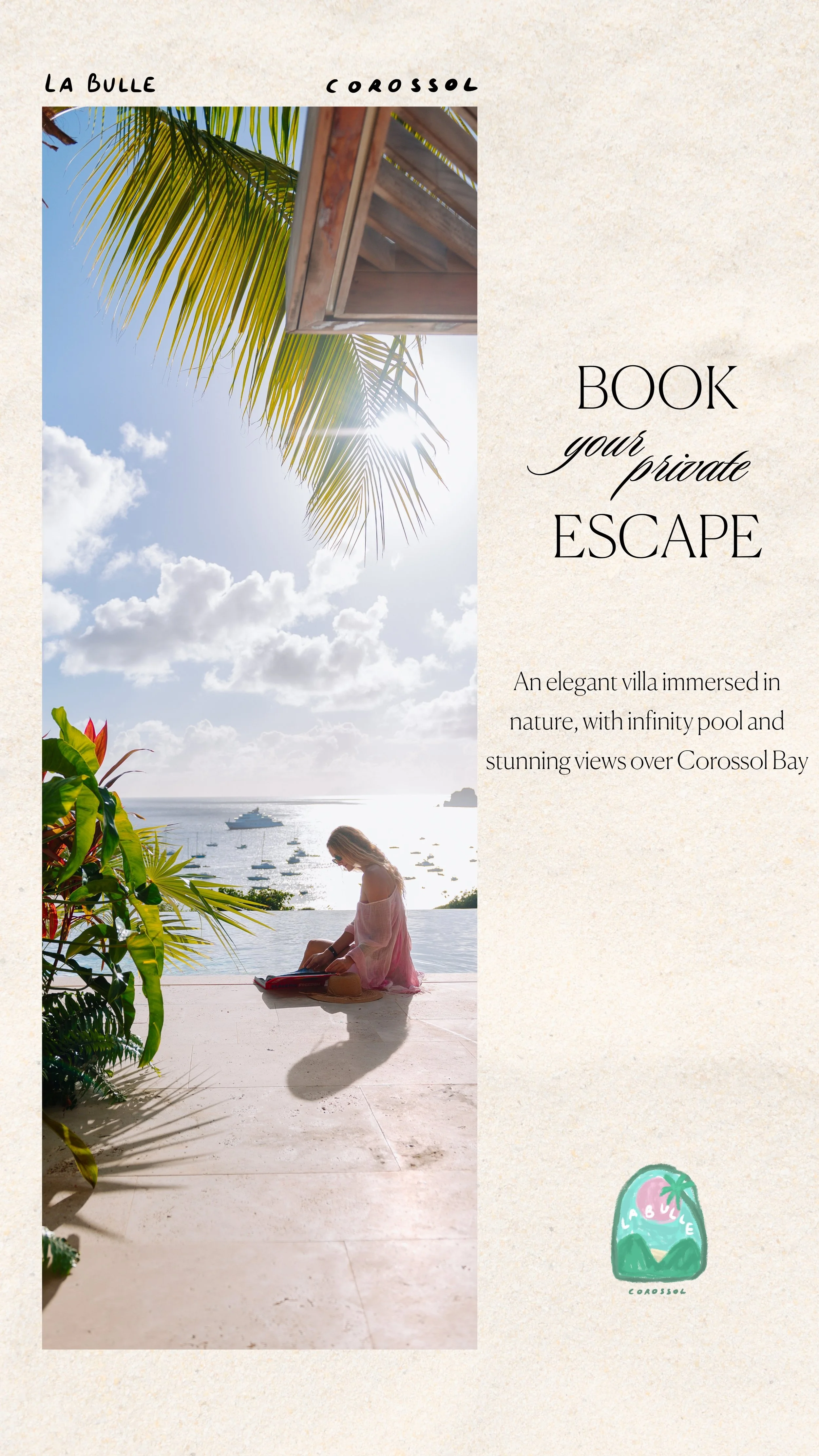 A woman sitting by an infinity pool overlooking Corossol Bay, with a yacht and boats in the water, surrounded by palm trees and lush greenery under a partly cloudy sky.