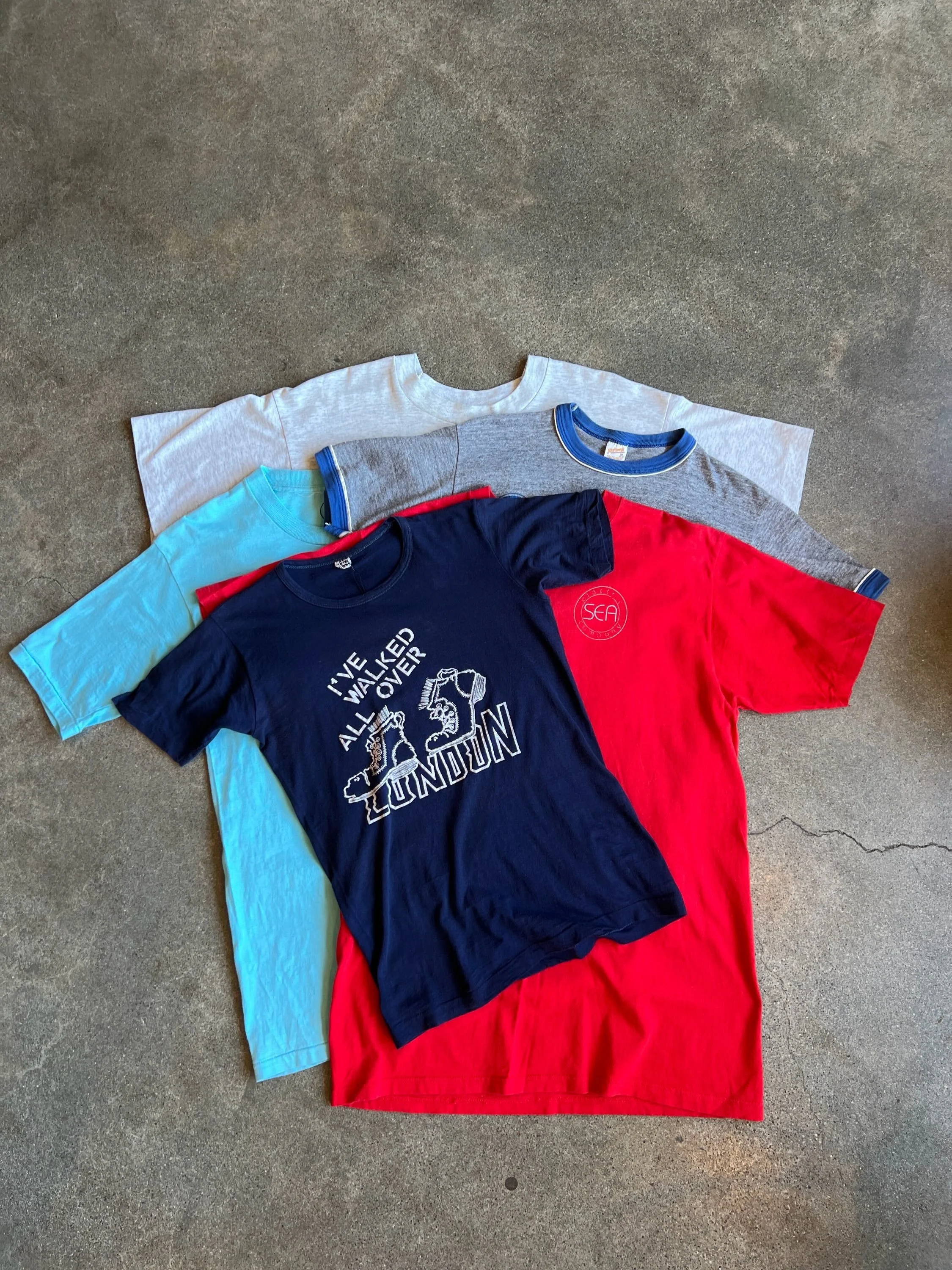 Tee time!
- Vintage &ldquo;I&rsquo;ve walked all over London&rdquo; single stitch tee sz M
- Vintage Sea Electric Co. tee sz L
- Via Europa Sportswear Kentucky Wildcats ringer tee sz M
- Vintage French Quarter single stitch tee sz M
- Vintage &lsquo;