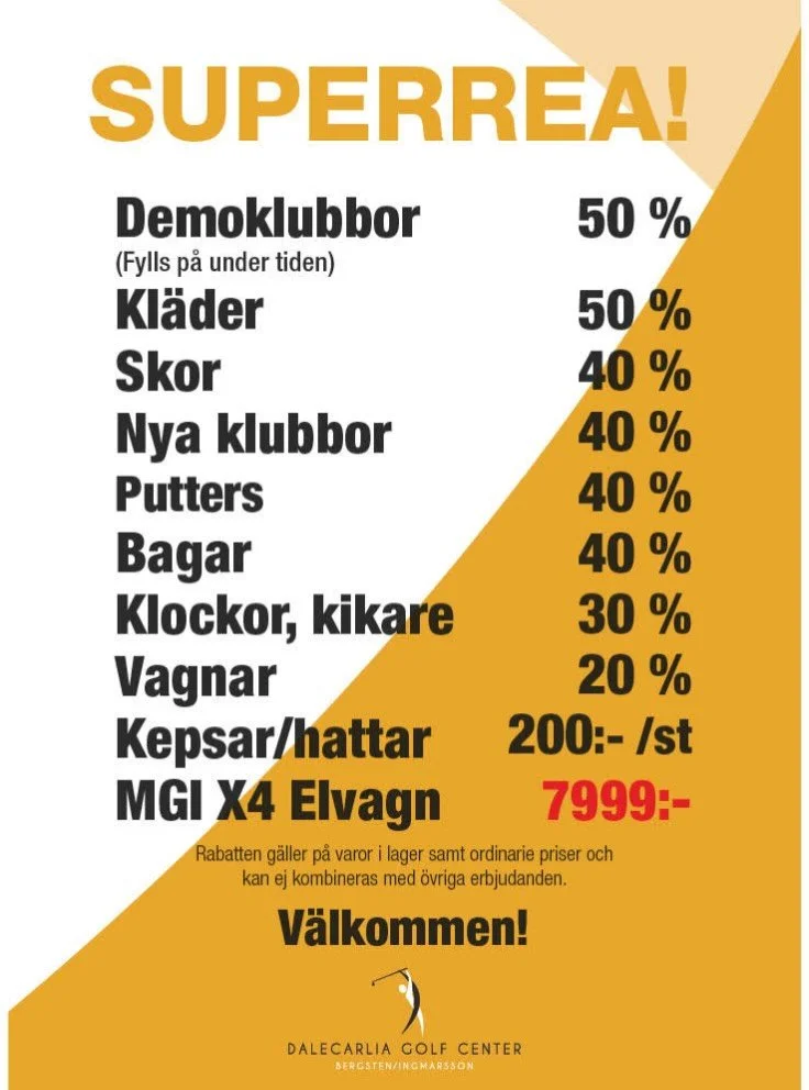🔥 SUPERREA i golfshoppen!

Nu tar vi rean till n&auml;sta niv&aring; tillsammans med Dalecarlia Golf Center &ndash; med upp till 50% rabatt p&aring; massor av golfprylar.

Klubbor, kl&auml;der, skor, putters, bagar och mycket mer till riktigt fina p