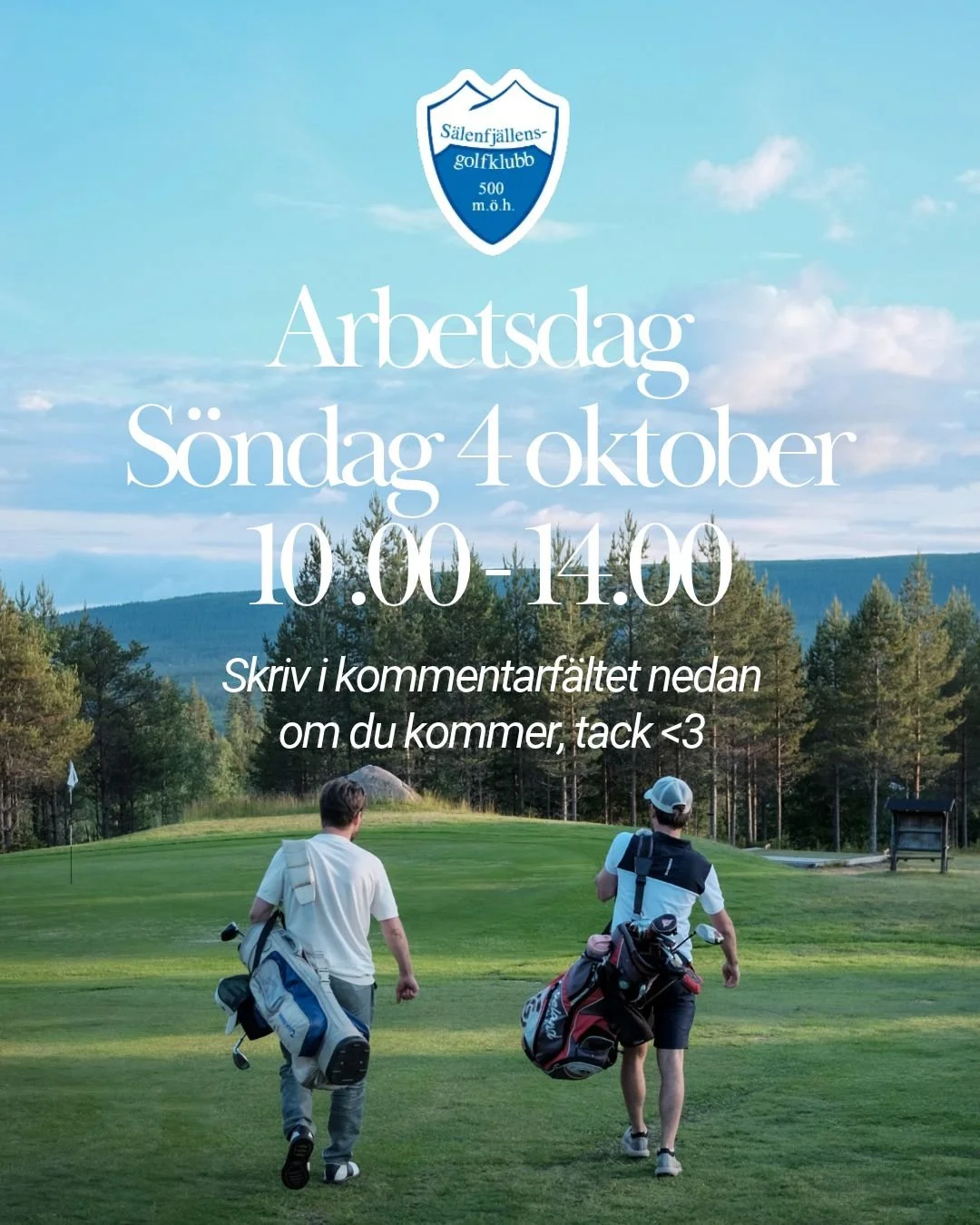 Arbetsdag p&aring; klubben &ndash; 4 oktober
Kommentera nedan om du kommer 😃

Nu b&ouml;rjar golfs&auml;songen g&aring; mot sitt slut och det &auml;r dags att g&ouml;ra rangen redo f&ouml;r vintern.
📅 S&ouml;ndag 4 oktober
⏰ Kl. 10.00&ndash;14.00

