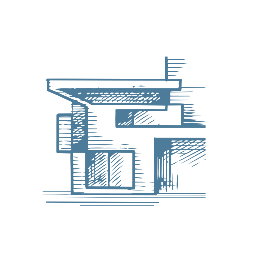 Line drawing of a modern two-story house with a flat roof and large windows, featuring a balcony or terrace.