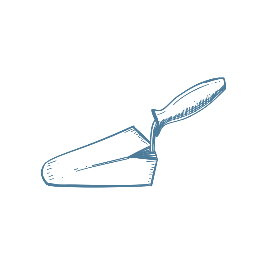 Line drawing of a trowel with a wooden handle and a metal blade, with some cement or mortar on it.