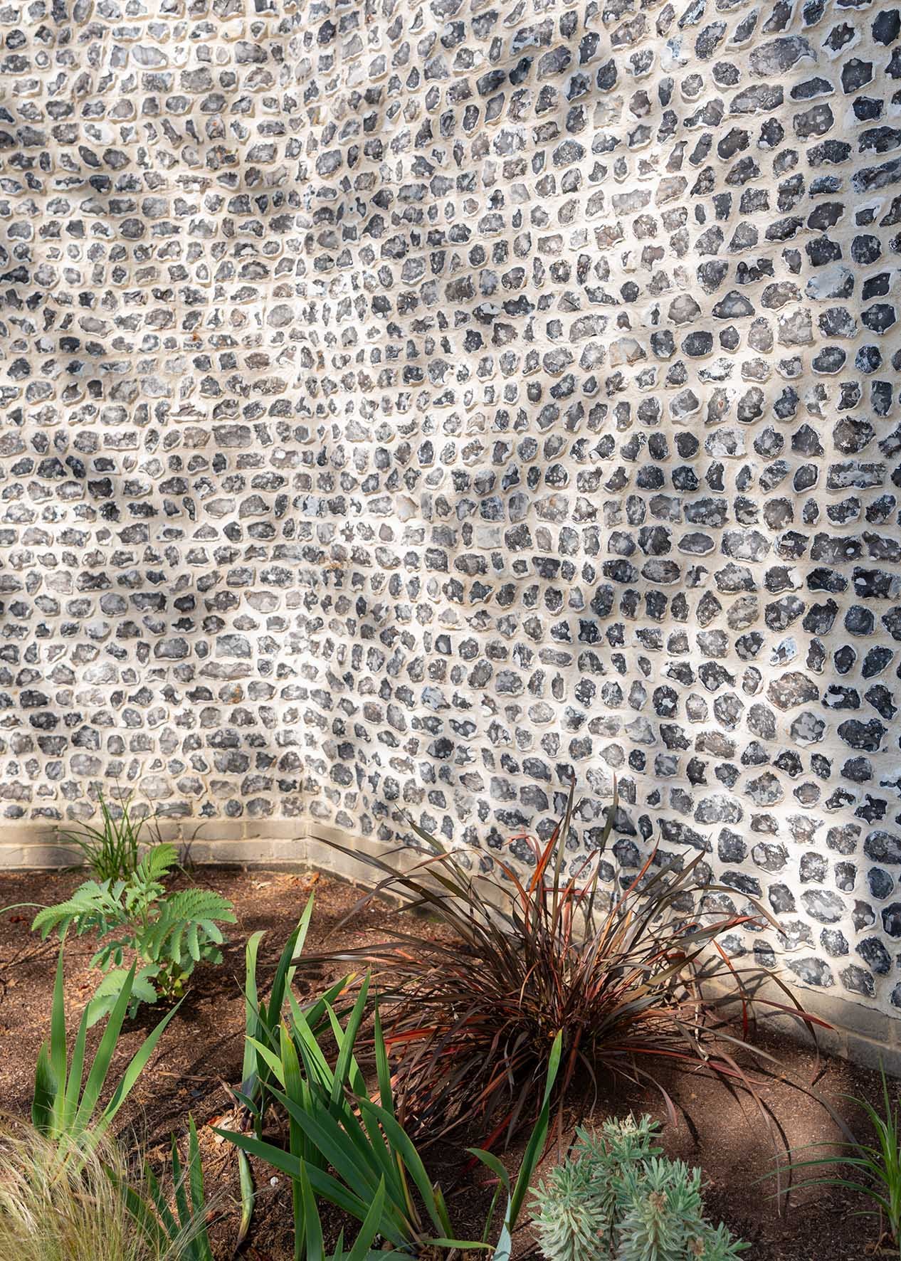 A garden with a variety of green and reddish plants in front of a stone wall.