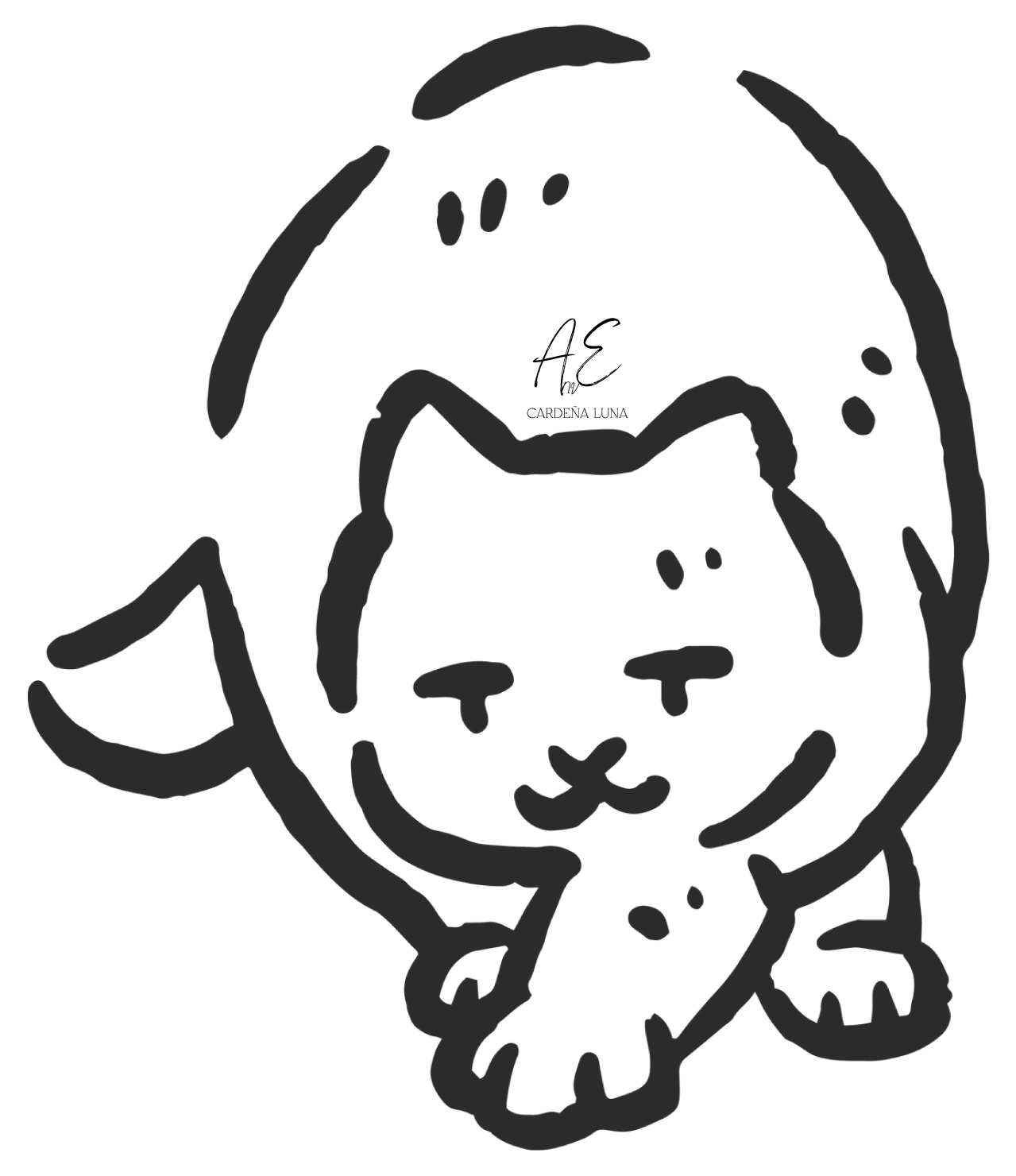 Ilustración en negro y blanco de un gato con una luna en el fondo.
