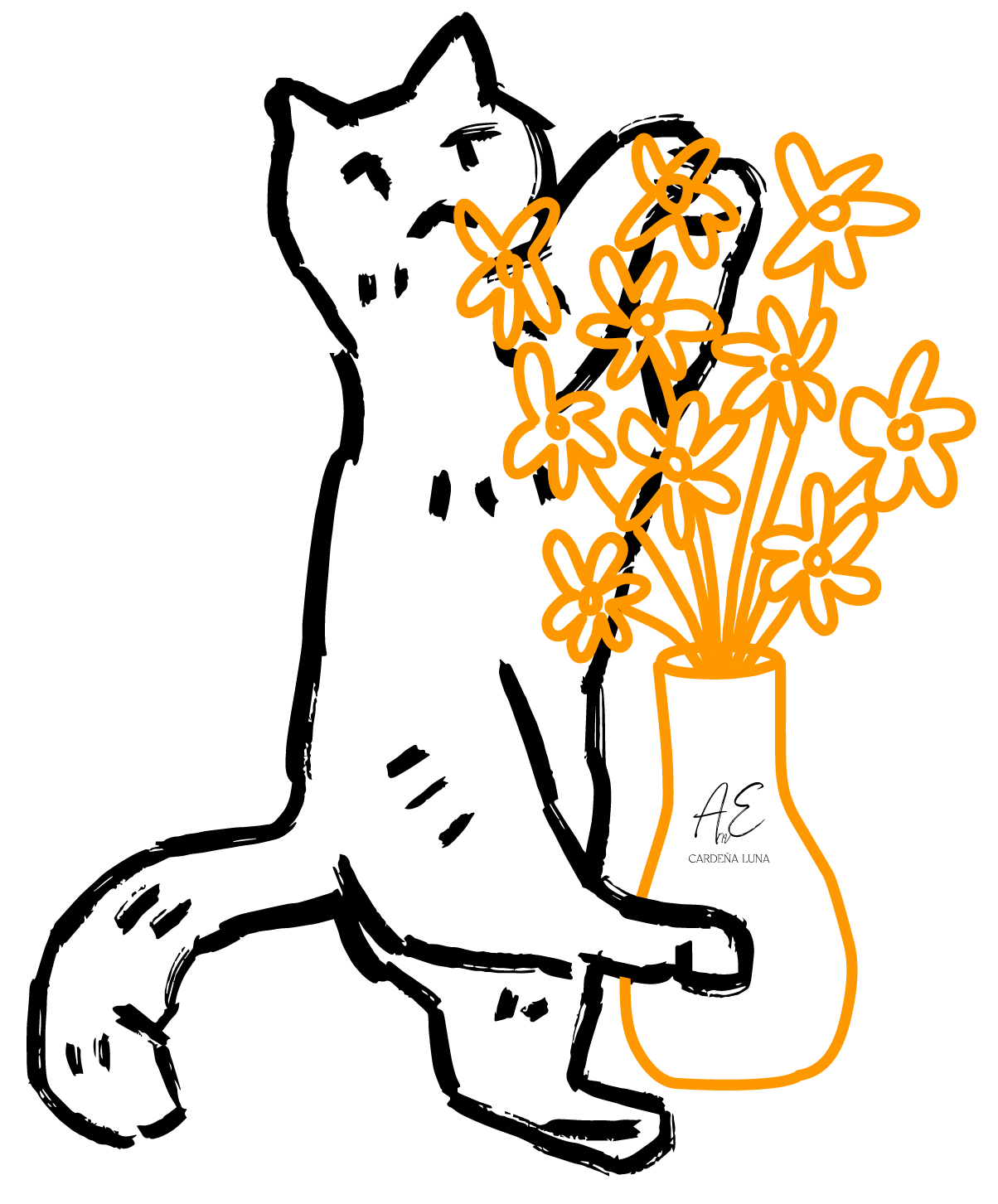 Dibujo de un gato observando un jarrón con flores anaranjadas.