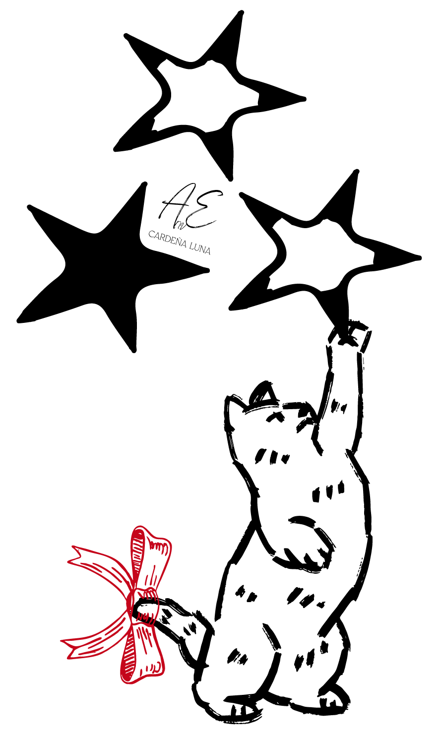 Dibujo en estilo de línea con un gato y estrellas de neón, con texto 'AnvE' y 'Cardena Luna' en el centro, y una cinta en la cola del gato.