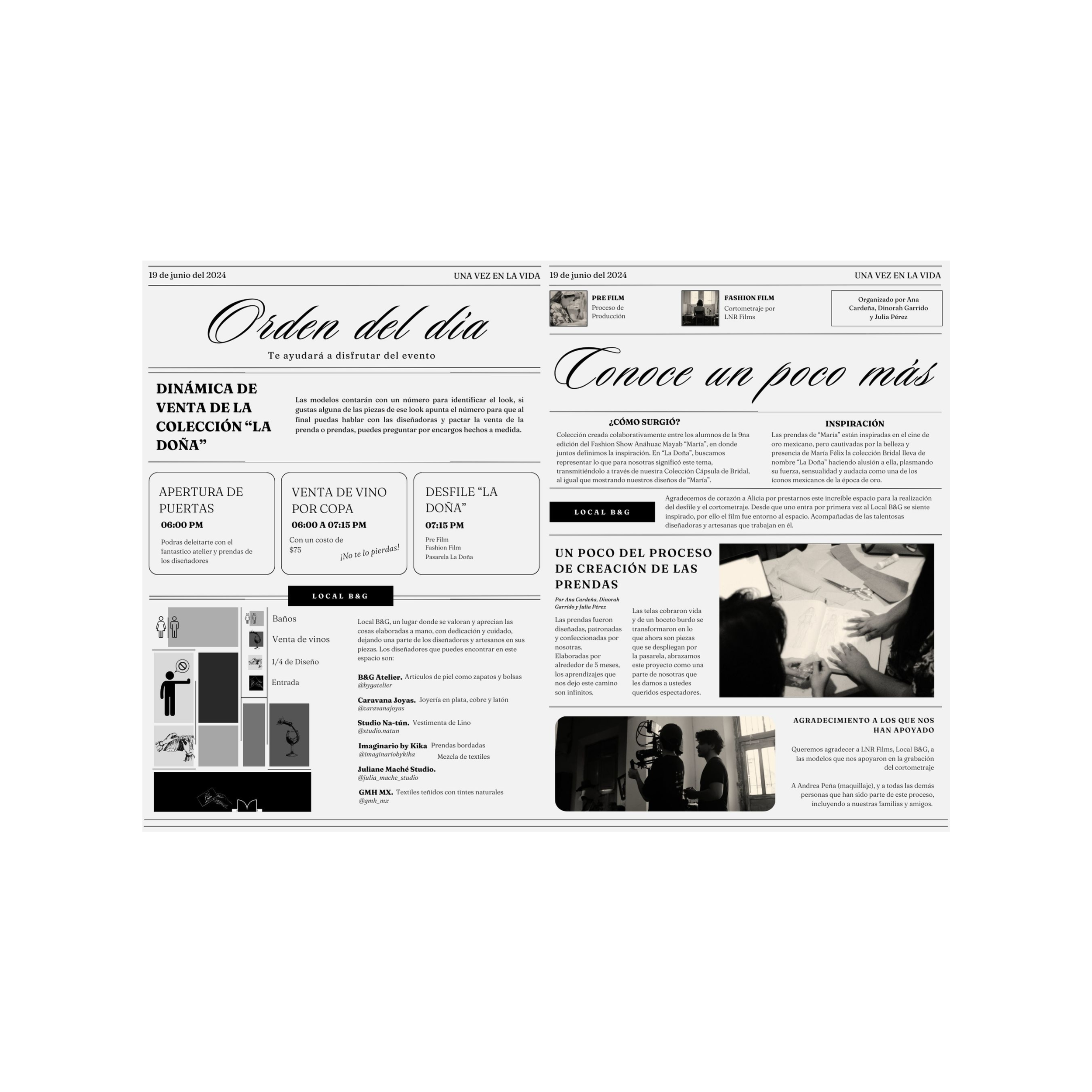 Un programa de evento en una hoja de periódico en blanco y negro con diferentes secciones que incluyen horarios, instrucciones para modelos, información sobre la creación de prendas y agradecimientos, en español.