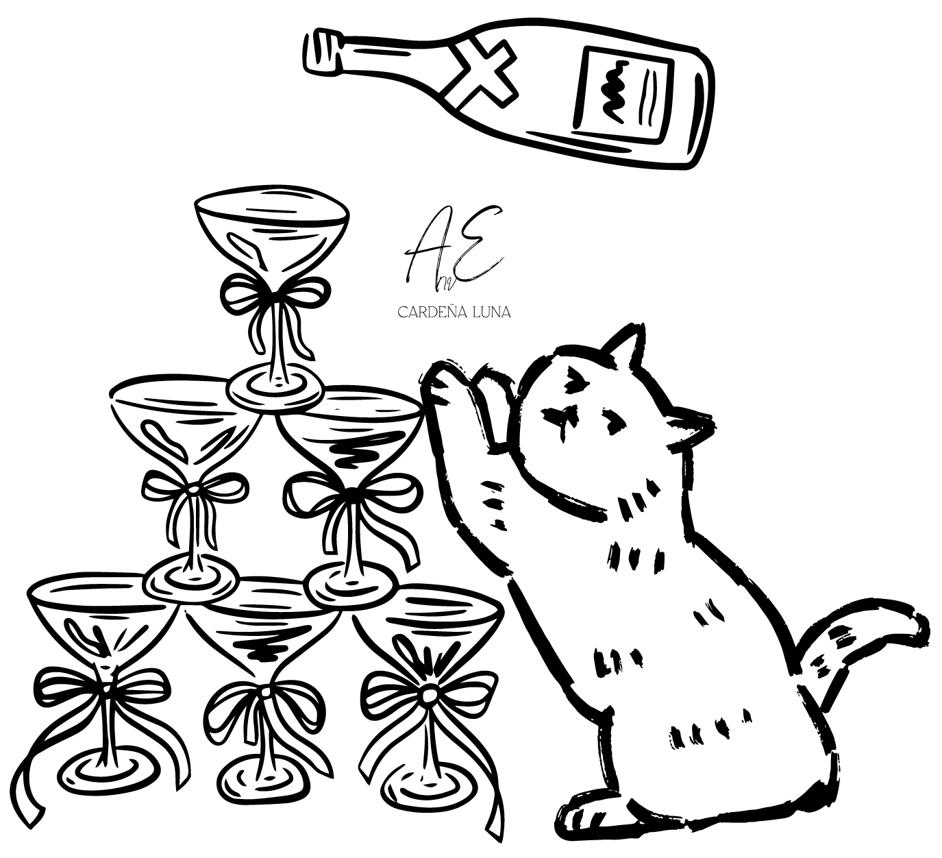 Dibujo en blanco y negro de un gato alcanzando una torre de copas de champán decoradas con lazos. En la parte superior, una botella de licor con una etiqueta y cruz, vertiendo líquido en las copas. Texto en el centro que dice 'Añe Cardena Luna'.