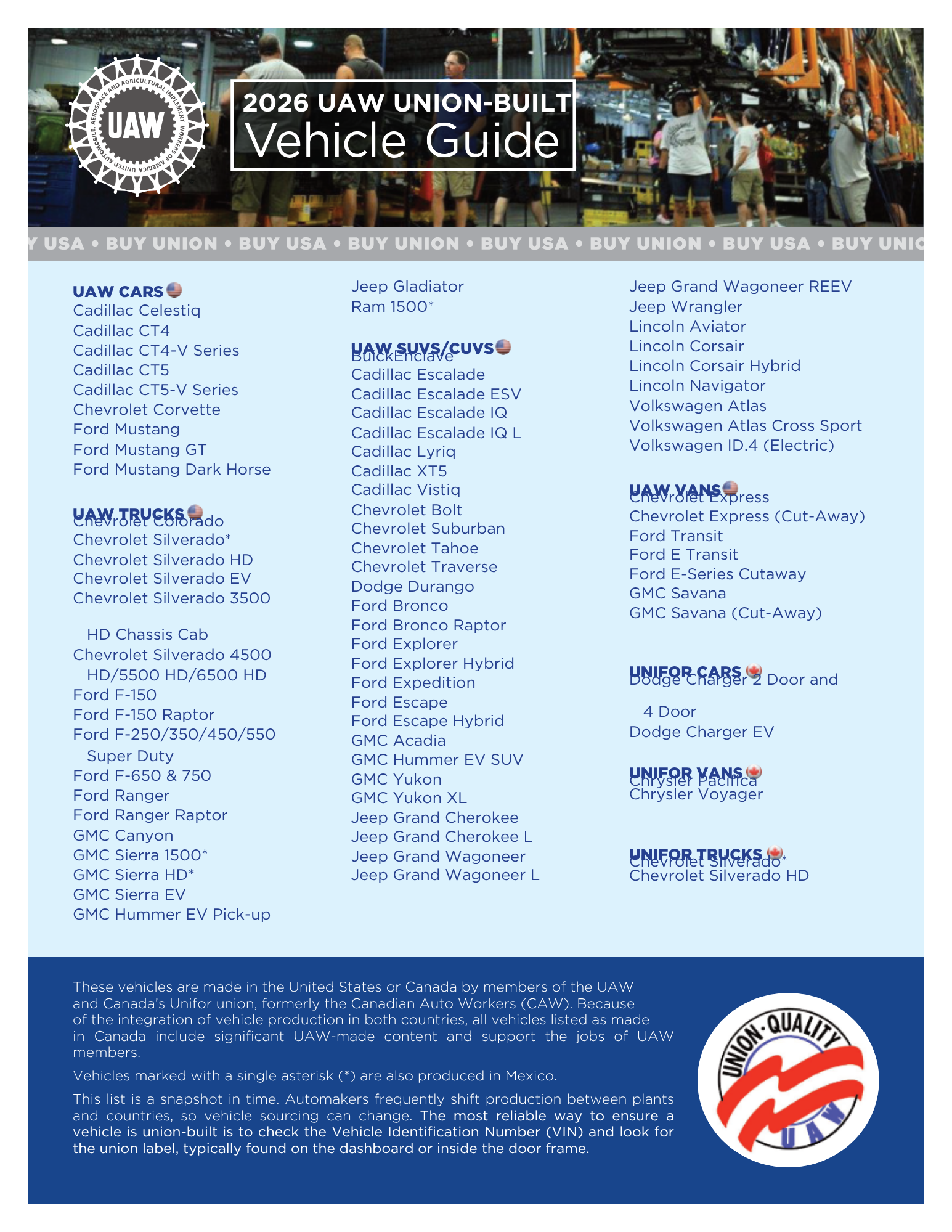 Full list of UAW and Unifor made vehicles for 2026. Includes Cadillac, Chevrolet, Ford, Jeep, Dodge, GMC, Ram, Lincoln and Volkswagen