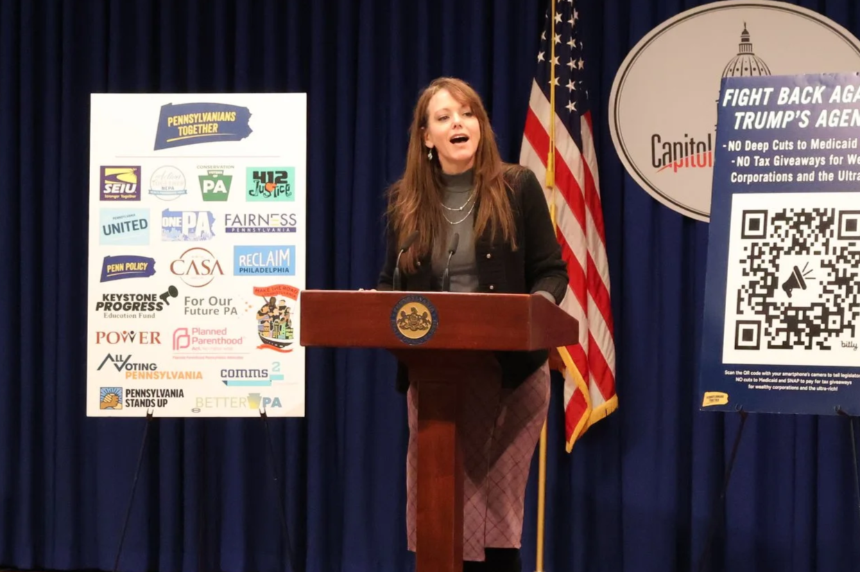 Rebecca MacTaggart speaks to crowd