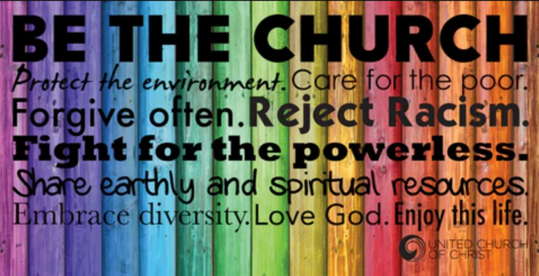 a rainbow background with a text overlay reading BE THE CHURCH and several lines of text beneath