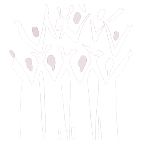 a white icon of people with their hands up in joy