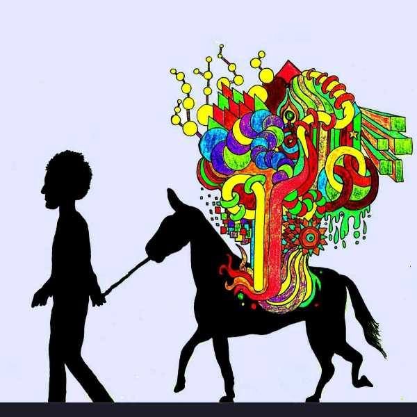 a graphic of a silhouette of a man leading a silhouette of a donkey with colorful swirls and graphics coming out of the donkey