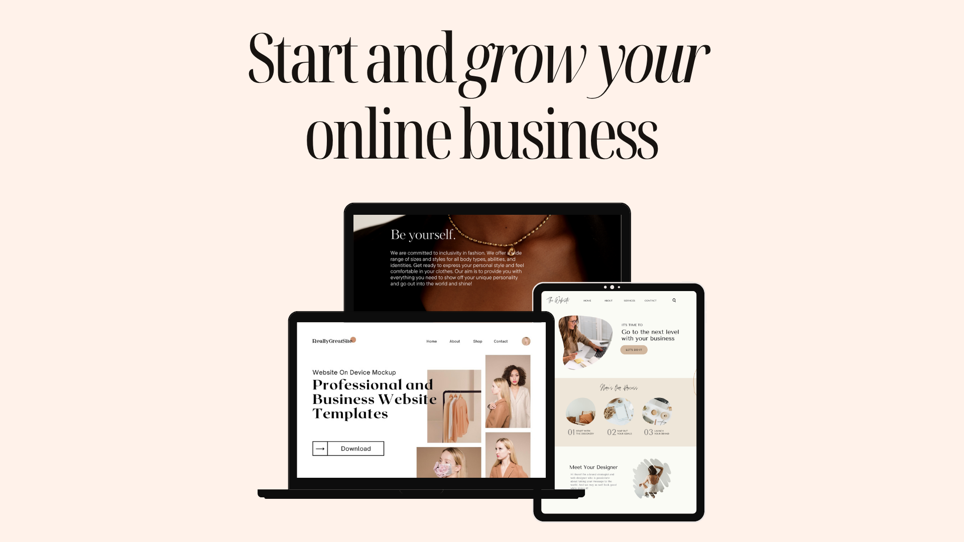 A website promotion image with large text saying 'Start and grow your online business.' The image features three devices (laptop and two smartphones) displaying different website templates related to online business and website creation.