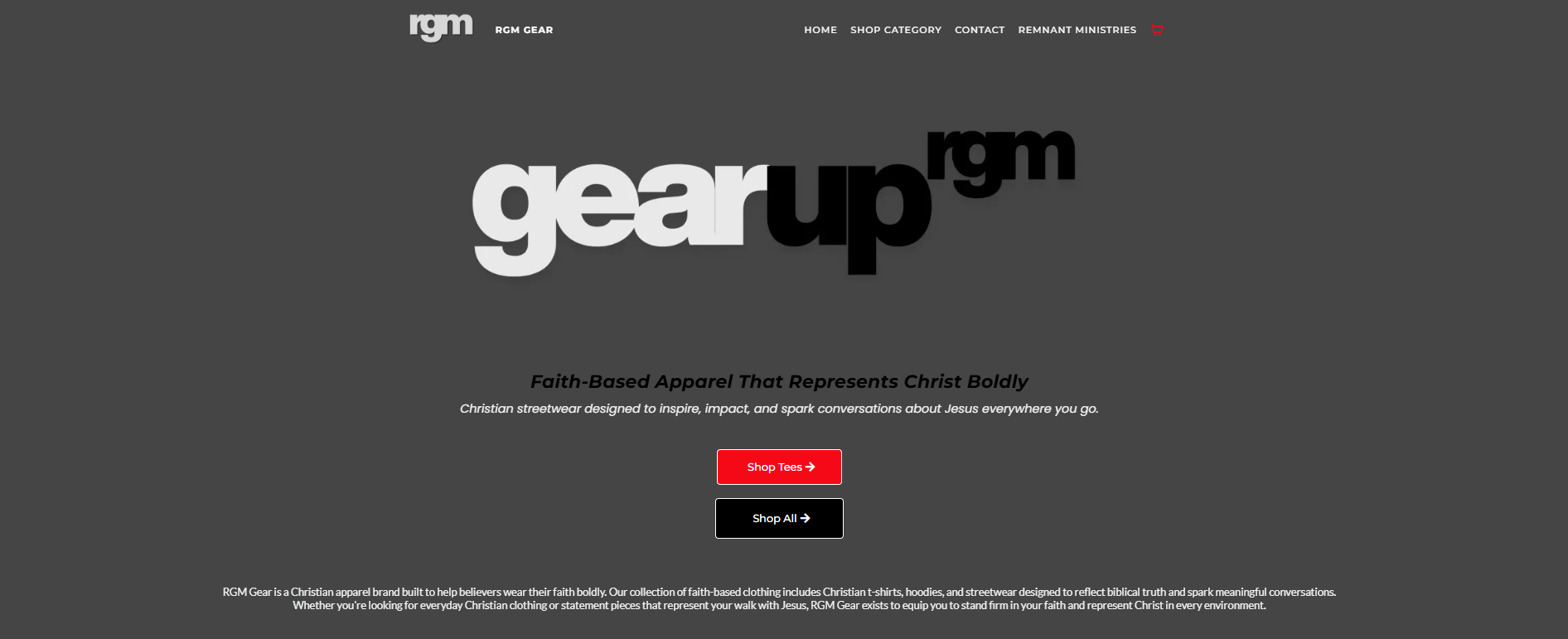 Homepage of RGM Gear website with the text 'gear up' in large, overlapping black and white letters, a red 'Shop Tees' button, and black 'Shop All' button, on a dark gray background.