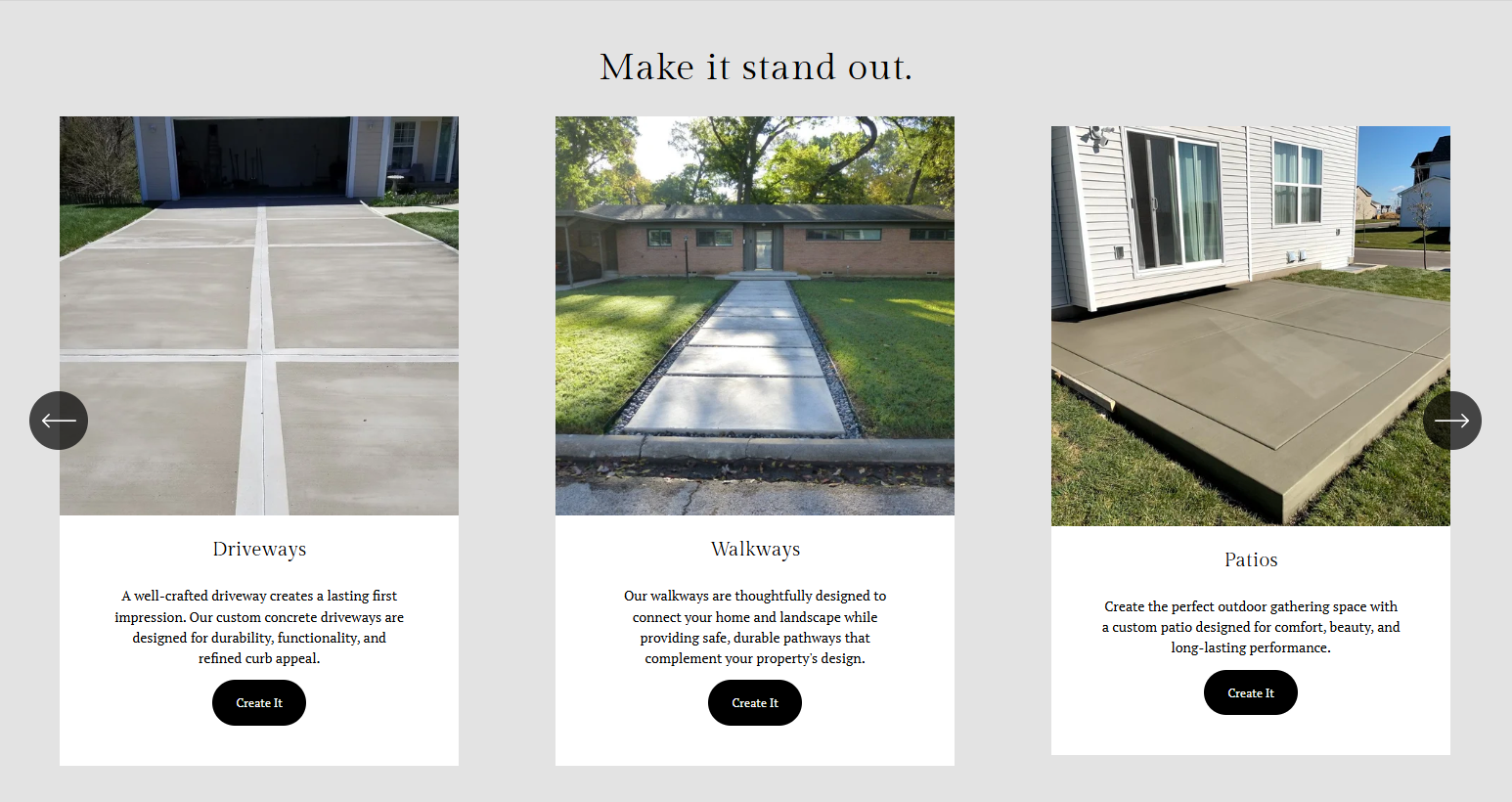 A webpage showcasing different outdoor concrete surfaces: driveways, walkways, and patios, with descriptions and 'Create It' buttons.