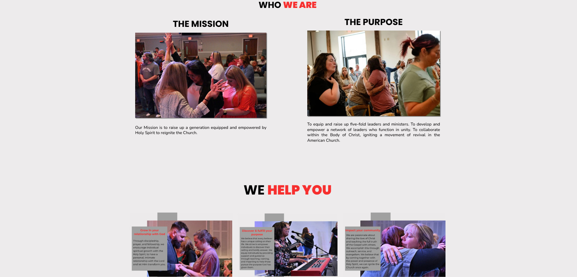 A webpage displaying two sections titled 'The Mission' and 'The Purpose,' each with a photograph of people in a church setting, and a paragraph of text below each photo. The webpage background is light gray, with bold black and red text.