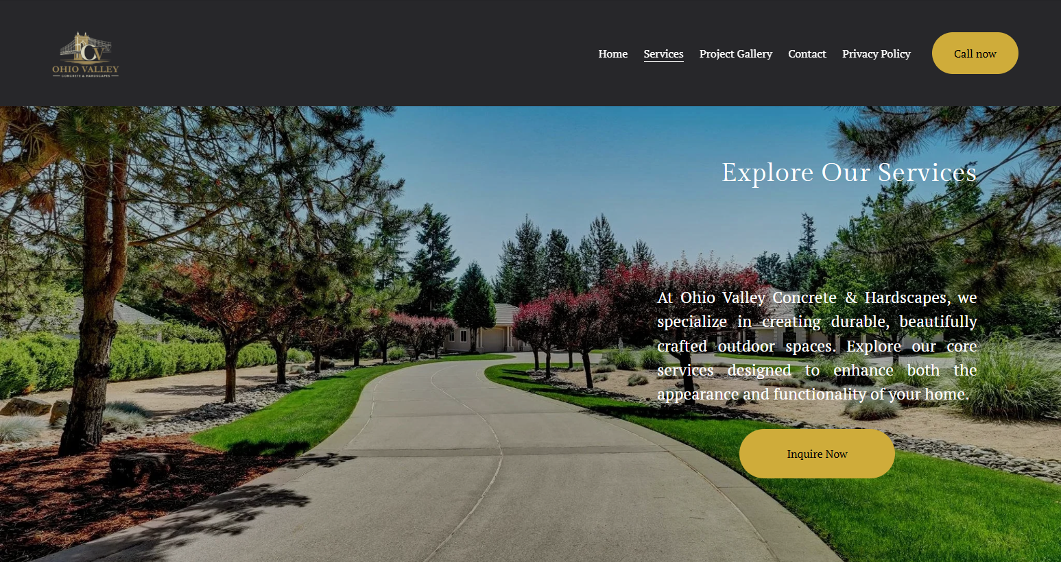 Homepage of Ohio Valley Concrete & Hardscapes website with a landscaped outdoor scene, a curved concrete walkway, trees, shrubs, and a house in the background, with navigation menu and call-to-action buttons.