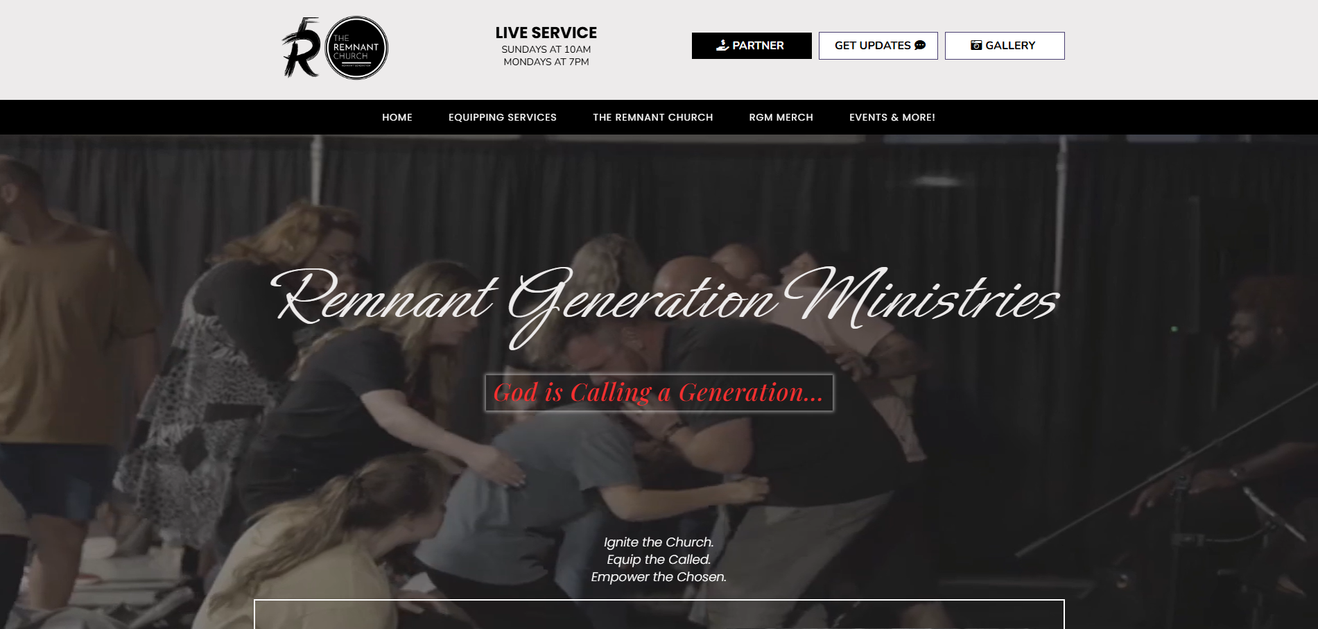 The website homepage of Remnant Generation Ministries featuring a group of people praying or worshiping on stage, with a dark curtain background, and text that reads 'Remnant Generation Ministries' and 'God is Calling a Generation...'