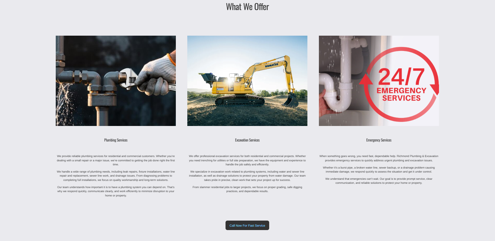 A website section titled 'What We Offer' displaying three images: a person fixing a pipe with water dripping, an excavator on a construction site, and a plumbing emergency icon with '24/7 Emergency Services' text. Below each image are descriptions of