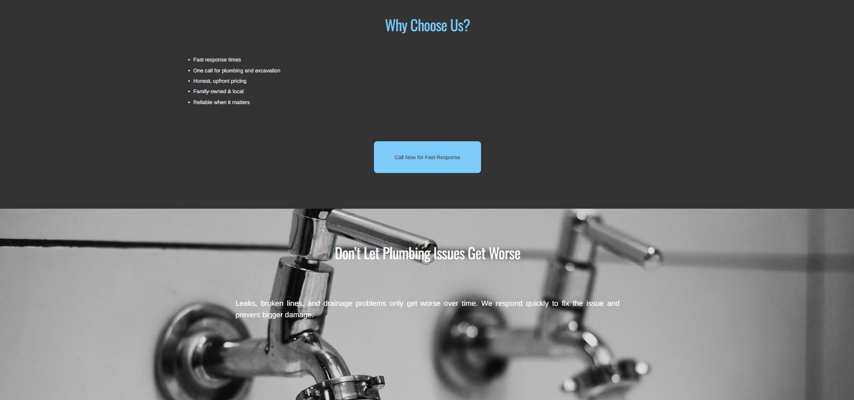 Website homepage with a dark header and a section showing a black-and-white image of plumbing fixtures, with text about avoiding plumbing issues and a call-to-action button.