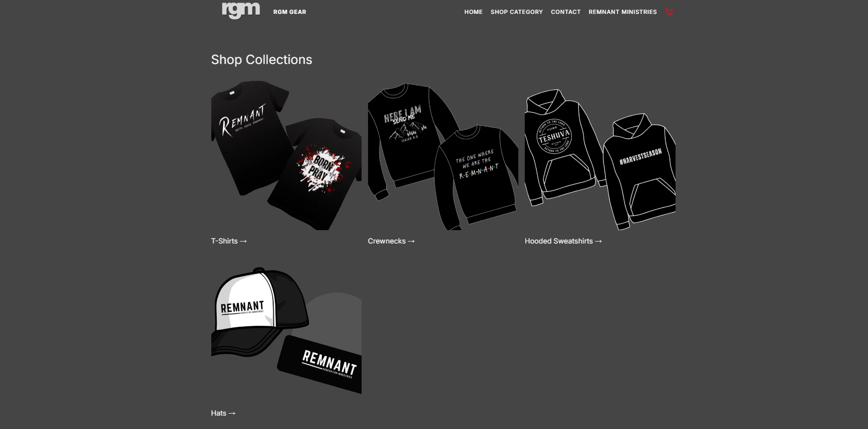 Screenshot of a website featuring various clothing items such as T-shirts, crewnecks, hooded sweatshirts, and hats, with the brand name 'REMANT' displayed.