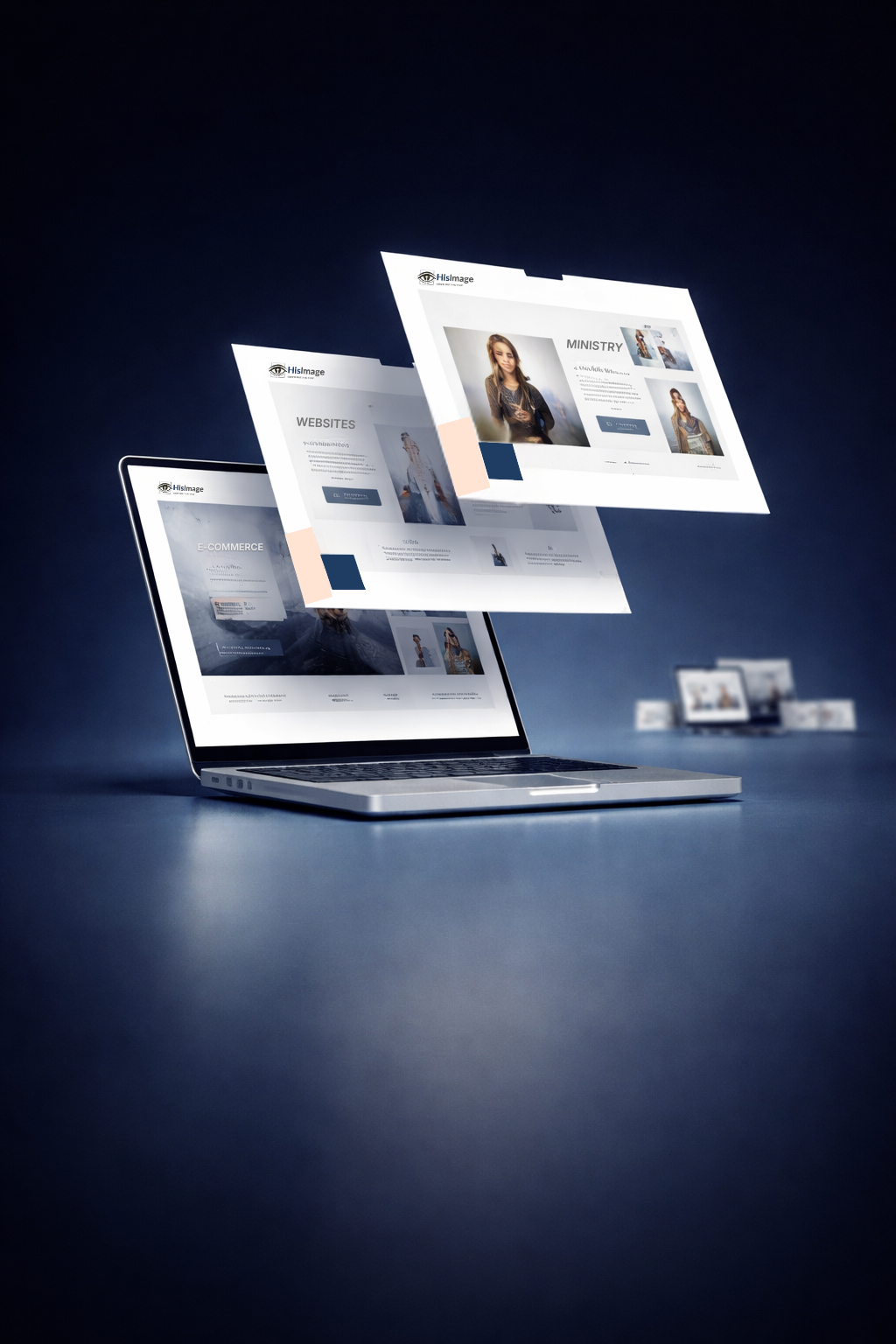 Laptop displaying web pages for websites, ministry, and e-commerce, with floating browser windows above the laptop in a digital or technology-themed setting.