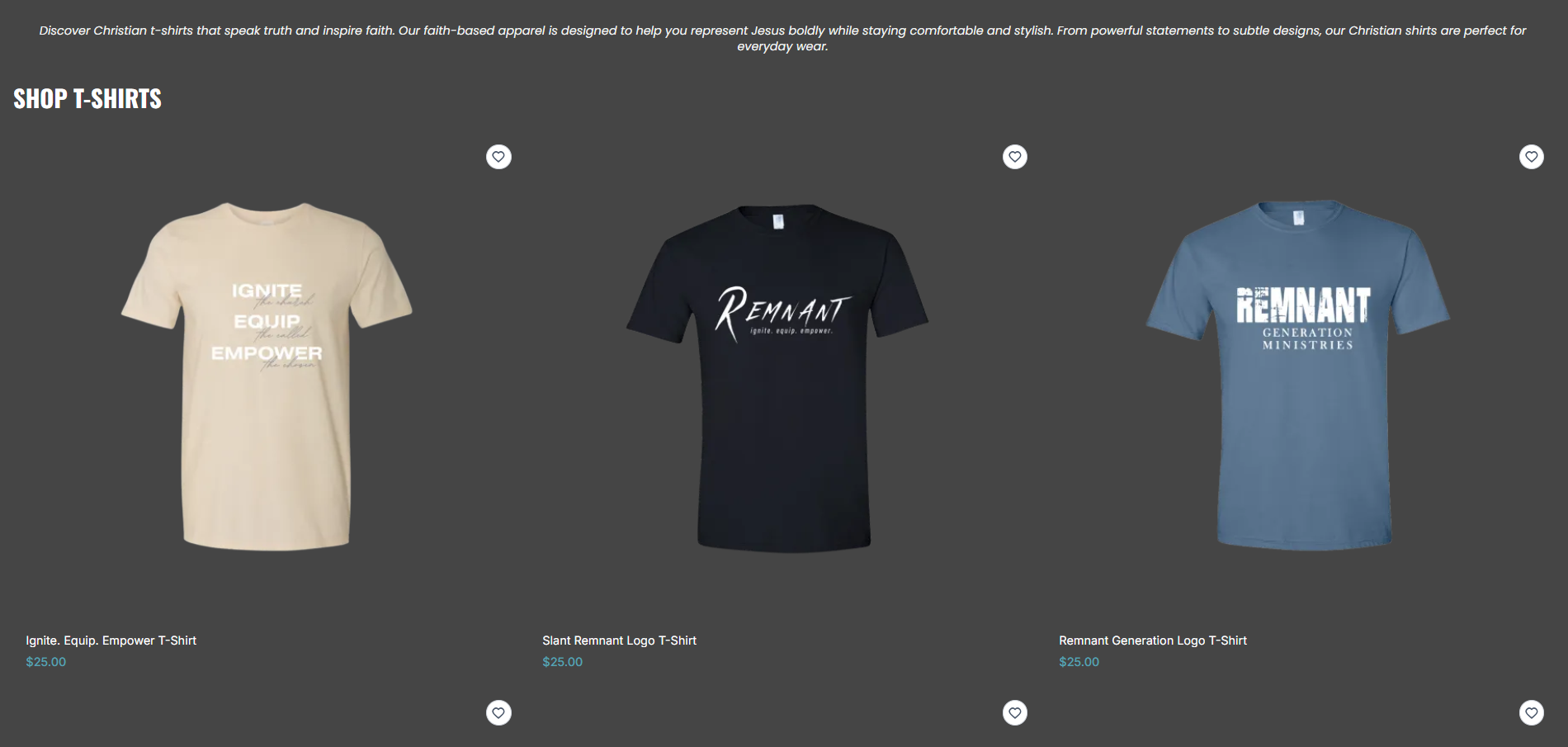 Three Christian T-shirts on display with various slogans and designs, priced at $25 each.