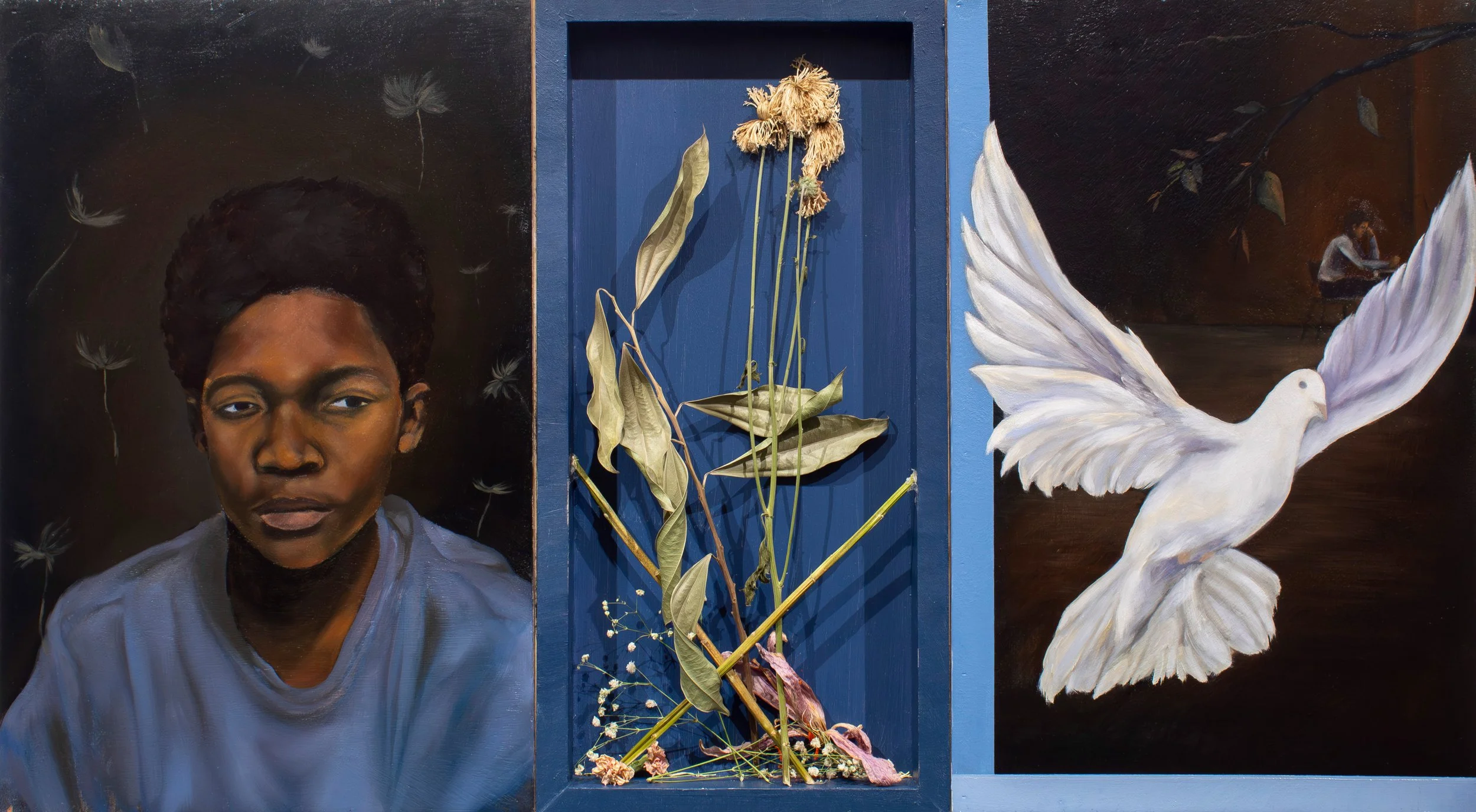 What Happens to a Daydream Deferred?,
20 x 36 x 2 in (Triptych),
Oil, acrylic, flowers on wood (Three Panels),
2026
