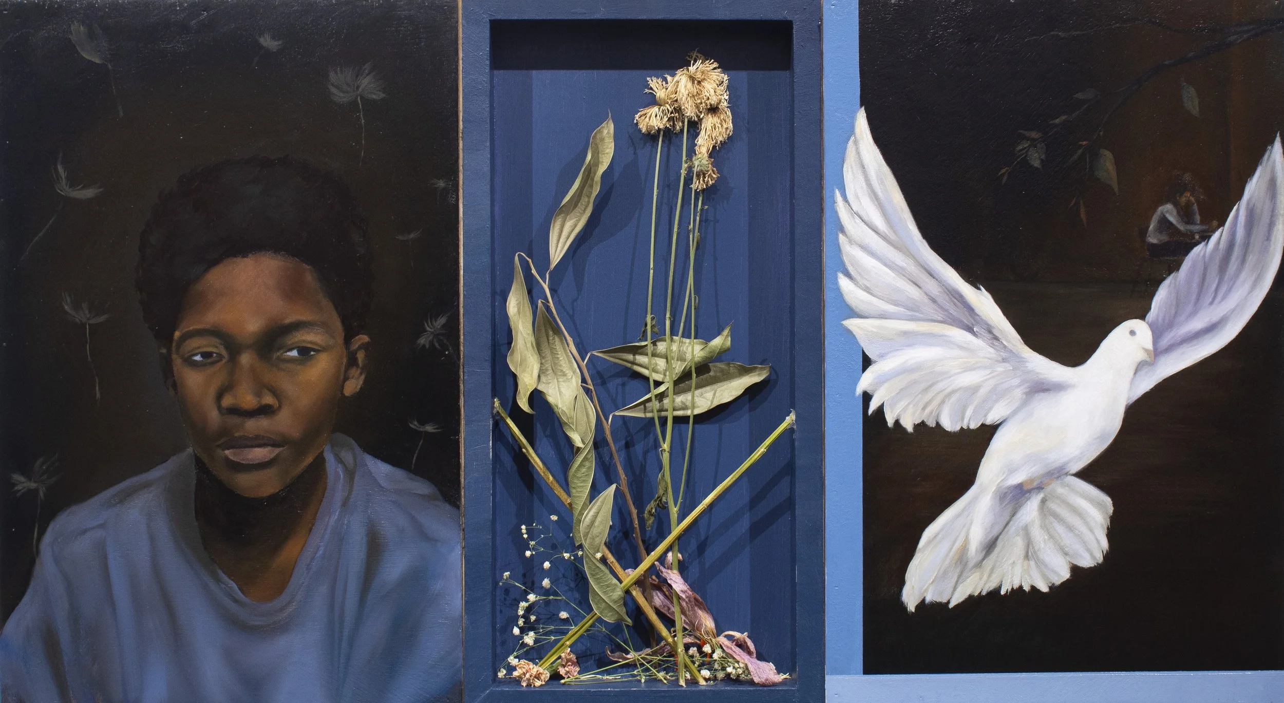 What Happens to a Daydream Deferred?,
20 x 36 x 2 in (Triptych),
Oil, acrylic, flowers on wood (Three Panels),
2026